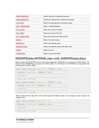 TUTORIALS POINT
Simply Easy Learning
TIMESTAMPADD() Add an interval to a datetime expression
TIMESTAMPDIFF() Subtract an interval from a datetime expression
TO_DAYS() Return the date argument converted to days
UNIX_TIMESTAMP() Return a UNIX timestamp
UTC_DATE() Return the current UTC date
UTC_TIME() Return the current UTC time
UTC_TIMESTAMP() Return the current UTC date and time
WEEK() Return the week number
WEEKDAY() Return the weekday index
WEEKOFYEAR() Return the calendar week of the date (1-53)
YEAR() Return the year
YEARWEEK() Return the year and week
ADDDATE(date,INTERVAL expr unit), ADDDATE(expr,days)
When invoked with the INTERVAL form of the second argument, ADDDATE() is a synonym for DATE_ADD(). The
related function SUBDATE() is a synonym for DATE_SUB(). For information on the INTERVAL unit argument, see
the discussion for DATE_ADD().
mysql> SELECT DATE_ADD('1998-01-02', INTERVAL 31 DAY);
+---------------------------------------------------------+
| DATE_ADD('1998-01-02', INTERVAL 31 DAY) |
+---------------------------------------------------------+
| 1998-02-02 |
+---------------------------------------------------------+
1 row in set (0.00 sec)
mysql> SELECT ADDDATE('1998-01-02', INTERVAL 31 DAY);
+---------------------------------------------------------+
| ADDDATE('1998-01-02', INTERVAL 31 DAY) |
+---------------------------------------------------------+
| 1998-02-02 |
+---------------------------------------------------------+
1 row in set (0.00 sec)
When invoked with the days form of the second argument, MySQL treats it as an integer number of days to be
added to expr.
mysql> SELECT ADDDATE('1998-01-02', 31);
+---------------------------------------------------------+
| DATE_ADD('1998-01-02', INTERVAL 31 DAY) |
+---------------------------------------------------------+
| 1998-02-02 |
+---------------------------------------------------------+
1 row in set (0.00 sec)
 