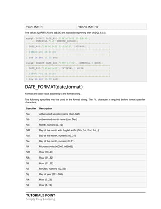 TUTORIALS POINT
Simply Easy Learning
YEAR_MONTH 'YEARS-MONTHS'
The values QUARTER and WEEK are available beginning with MySQL 5.0.0.
mysql> SELECT DATE_ADD('1997-12-31 23:59:59',
-> INTERVAL '1:1' MINUTE_SECOND);
+---------------------------------------------------------+
| DATE_ADD('1997-12-31 23:59:59', INTERVAL... |
+---------------------------------------------------------+
| 1998-01-01 00:01:00 |
+---------------------------------------------------------+
1 row in set (0.00 sec)
mysql> SELECT DATE_ADD('1999-01-01', INTERVAL 1 HOUR);
+---------------------------------------------------------+
| DATE_ADD('1999-01-01', INTERVAL 1 HOUR) |
+---------------------------------------------------------+
| 1999-01-01 01:00:00 |
+---------------------------------------------------------+
1 row in set (0.00 sec)
DATE_FORMAT(date,format)
Formats the date value according to the format string.
The following specifiers may be used in the format string. The .%. character is required before format specifier
characters.
Specifier Description
%a Abbreviated weekday name (Sun..Sat)
%b Abbreviated month name (Jan..Dec)
%c Month, numeric (0..12)
%D Day of the month with English suffix (0th, 1st, 2nd, 3rd, .)
%d Day of the month, numeric (00..31)
%e Day of the month, numeric (0..31)
%f Microseconds (000000..999999)
%H Hour (00..23)
%h Hour (01..12)
%I Hour (01..12)
%i Minutes, numeric (00..59)
%j Day of year (001..366)
%k Hour (0..23)
%l Hour (1..12)
 