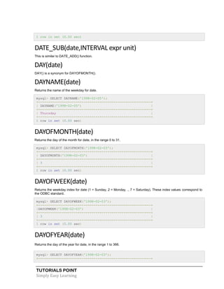 TUTORIALS POINT
Simply Easy Learning
1 row in set (0.00 sec)
DATE_SUB(date,INTERVAL expr unit)
This is similar to DATE_ADD() function.
DAY(date)
DAY() is a synonym for DAYOFMONTH().
DAYNAME(date)
Returns the name of the weekday for date.
mysql> SELECT DAYNAME('1998-02-05');
+---------------------------------------------------------+
| DAYNAME('1998-02-05') |
+---------------------------------------------------------+
| Thursday |
+---------------------------------------------------------+
1 row in set (0.00 sec)
DAYOFMONTH(date)
Returns the day of the month for date, in the range 0 to 31.
mysql> SELECT DAYOFMONTH('1998-02-03');
+---------------------------------------------------------+
| DAYOFMONTH('1998-02-03') |
+---------------------------------------------------------+
| 3 |
+---------------------------------------------------------+
1 row in set (0.00 sec)
DAYOFWEEK(date)
Returns the weekday index for date (1 = Sunday, 2 = Monday, ., 7 = Saturday). These index values correspond to
the ODBC standard.
mysql> SELECT DAYOFWEEK('1998-02-03');
+---------------------------------------------------------+
|DAYOFWEEK('1998-02-03') |
+---------------------------------------------------------+
| 3 |
+---------------------------------------------------------+
1 row in set (0.00 sec)
DAYOFYEAR(date)
Returns the day of the year for date, in the range 1 to 366.
mysql> SELECT DAYOFYEAR('1998-02-03');
+---------------------------------------------------------+
 