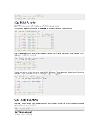 TUTORIALS POINT
Simply Easy Learning
| Zara | 325.0000 |
+------+-------------------------+
5 rows in set (0.20 sec)
SQL SUM Function
SQL SUM function is used to find out the sum of a field in various records.
To understand SUM function consider an employee_tbl table which is having following records:
SQL> SELECT * FROM employee_tbl;
+------+------+------------+--------------------+
| id | name | work_date | daily_typing_pages |
+------+------+------------+--------------------+
| 1 | John | 2007-01-24 | 250 |
| 2 | Ram | 2007-05-27 | 220 |
| 3 | Jack | 2007-05-06 | 170 |
| 3 | Jack | 2007-04-06 | 100 |
| 4 | Jill | 2007-04-06 | 220 |
| 5 | Zara | 2007-06-06 | 300 |
| 5 | Zara | 2007-02-06 | 350 |
+------+------+------------+--------------------+
7 rows in set (0.00 sec)
Now suppose based on the above table you want to calculate total of all the dialy_typing_pages then you can do
so by using the following command:
SQL> SELECT SUM(daily_typing_pages)
-> FROM employee_tbl;
+-------------------------+
| SUM(daily_typing_pages) |
+-------------------------+
| 1610 |
+-------------------------+
1 row in set (0.00 sec)
You can take sum of various records set using GROUP BY clause. Following example will sum up all the records
related to a single person and you will have total typed pages by every person.
SQL> SELECT name, SUM(daily_typing_pages)
-> FROM employee_tbl GROUP BY name;
+------+-------------------------+
| name | SUM(daily_typing_pages) |
+------+-------------------------+
| Jack | 270 |
| Jill | 220 |
| John | 250 |
| Ram | 220 |
| Zara | 650 |
+------+-------------------------+
5 rows in set (0.17 sec)
SQL SQRT Function
SQL SQRT function is used to find out the square root of any number. You can Use SELECT statement to find out
squre root of any number as follows:
SQL> select SQRT(16);
 