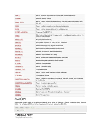 TUTORIALS POINT
Simply Easy Learning
LPAD() Return the string argument, left-padded with the specified string
LTRIM() Remove leading spaces
MAKE_SET()
Return a set of comma-separated strings that have the corresponding bit in
bits set
MID() Return a substring starting from the specified position
OCT() Return a string representation of the octal argument
OCTET_LENGTH() A synonym for LENGTH()
ORD()
If the leftmost character of the argument is a multi-byte character, returns the
code for that character
POSITION() A synonym for LOCATE()
QUOTE() Escape the argument for use in an SQL statement
REGEXP Pattern matching using regular expressions
REPEAT() Repeat a string the specified number of times
REPLACE() Replace occurrences of a specified string
REVERSE() Reverse the characters in a string
RIGHT() Return the specified rightmost number of characters
RPAD() Append string the specified number of times
RTRIM() Remove trailing spaces
SOUNDEX() Return a soundex string
SOUNDS LIKE Compare sounds
SPACE() Return a string of the specified number of spaces
STRCMP() Compare two strings
SUBSTRING_INDEX()
Return a substring from a string before the specified number of occurrences
of the delimiter
SUBSTRING(), SUBSTR() Return the substring as specified
TRIM() Remove leading and trailing spaces
UCASE() Synonym for UPPER()
UNHEX() Convert each pair of hexadecimal digits to a character
UPPER() Convert to uppercase
ASCII(str)
Returns the numeric value of the leftmost character of the string str. Returns 0 if str is the empty string. Returns
NULL if str is NULL. ASCII() works for characters with numeric values from 0 to 255.
SQL> SELECT ASCII('2');
+---------------------------------------------------------+
| ASCII('2') |
 