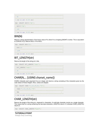 TUTORIALS POINT
Simply Easy Learning
+---------------------------------------------------------+
| 50 |
+---------------------------------------------------------+
1 row in set (0.00 sec)
SQL> SELECT ASCII('dx');
+---------------------------------------------------------+
| ASCII('dx') |
+---------------------------------------------------------+
| 100 |
+---------------------------------------------------------+
1 row in set (0.00 sec)
BIN(N)
Returns a string representation of the binary value of N, where N is a longlong (BIGINT) number. This is equivalent
to CONV(N,10,2). Returns NULL if N is NULL.
SQL> SELECT BIN(12);
+---------------------------------------------------------+
| BIN(12) |
+---------------------------------------------------------+
| 1100 |
+---------------------------------------------------------+
1 row in set (0.00 sec)
BIT_LENGTH(str)
Returns the length of the string str in bits.
SQL> SELECT BIT_LENGTH('text');
+---------------------------------------------------------+
| BIT_LENGTH('text') |
+---------------------------------------------------------+
| 32 |
+---------------------------------------------------------+
1 row in set (0.00 sec)
CHAR(N,... [USING charset_name])
CHAR() interprets each argument N as an integer and returns a string consisting of the characters given by the
code values of those integers. NULL values are skipped.
SQL> SELECT CHAR(77,121,83,81,'76');
+---------------------------------------------------------+
| CHAR(77,121,83,81,'76') |
+---------------------------------------------------------+
| SQL |
+---------------------------------------------------------+
1 row in set (0.00 sec)
CHAR_LENGTH(str)
Returns the length of the string str, measured in characters. A multi-byte character counts as a single character.
This means that for a string containing five two-byte characters, LENGTH() returns 10, whereas CHAR_LENGTH()
returns 5.
SQL> SELECT CHAR_LENGTH("text");
 