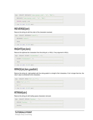 TUTORIALS POINT
Simply Easy Learning
SQL> SELECT REPLACE('www.mysql.com', 'w', 'Ww');
+---------------------------------------------------------+
| REPLACE('www.mysql.com', 'w', 'Ww') |
+---------------------------------------------------------+
| WwWwWw.mysql.com |
+---------------------------------------------------------+
1 row in set (0.00 sec)
REVERSE(str)
Returns the string str with the order of the characters reversed.
SQL> SELECT REVERSE('abcd');
+---------------------------------------------------------+
| REVERSE('abcd') |
+---------------------------------------------------------+
| dcba |
+---------------------------------------------------------+
1 row in set (0.00 sec)
RIGHT(str,len)
Returns the rightmost len characters from the string str, or NULL if any argument is NULL.
SQL> SELECT RIGHT('foobarbar', 4);
+---------------------------------------------------------+
| RIGHT('foobarbar', 4) |
+---------------------------------------------------------+
| rbar |
+---------------------------------------------------------+
1 row in set (0.00 sec)
RPAD(str,len,padstr)
Returns the string str, right-padded with the string padstr to a length of len characters. If str is longer than len, the
return value is shortened to len characters.
SQL> SELECT RPAD('hi',5,'?');
+---------------------------------------------------------+
| RPAD('hi',5,'?') |
+---------------------------------------------------------+
| hi??? |
+---------------------------------------------------------+
1 row in set (0.00 sec)
RTRIM(str)
Returns the string str with trailing space characters removed.
SQL> SELECT RTRIM('barbar ');
+---------------------------------------------------------+
| RTRIM('barbar ') |
+---------------------------------------------------------+
| barbar |
+---------------------------------------------------------+
 
