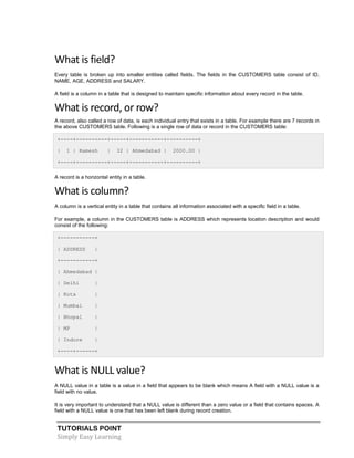 TUTORIALS POINT
Simply Easy Learning
What is field?
Every table is broken up into smaller entities called fields. The fields in the CUSTOMERS table consist of ID,
NAME, AGE, ADDRESS and SALARY.
A field is a column in a table that is designed to maintain specific information about every record in the table.
What is record, or row?
A record, also called a row of data, is each individual entry that exists in a table. For example there are 7 records in
the above CUSTOMERS table. Following is a single row of data or record in the CUSTOMERS table:
+----+----------+-----+-----------+----------+
| 1 | Ramesh | 32 | Ahmedabad | 2000.00 |
+----+----------+-----+-----------+----------+
A record is a horizontal entity in a table.
What is column?
A column is a vertical entity in a table that contains all information associated with a specific field in a table.
For example, a column in the CUSTOMERS table is ADDRESS which represents location description and would
consist of the following:
+-----------+
| ADDRESS |
+-----------+
| Ahmedabad |
| Delhi |
| Kota |
| Mumbai |
| Bhopal |
| MP |
| Indore |
+----+------+
What is NULL value?
A NULL value in a table is a value in a field that appears to be blank which means A field with a NULL value is a
field with no value.
It is very important to understand that a NULL value is different than a zero value or a field that contains spaces. A
field with a NULL value is one that has been left blank during record creation.
 