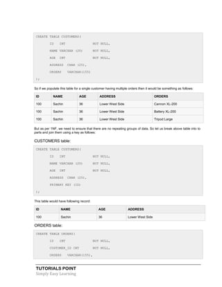 TUTORIALS POINT
Simply Easy Learning
CREATE TABLE CUSTOMERS(
ID INT NOT NULL,
NAME VARCHAR (20) NOT NULL,
AGE INT NOT NULL,
ADDRESS CHAR (25),
ORDERS VARCHAR(155)
);
So if we populate this table for a single customer having multiple orders then it would be something as follows:
ID NAME AGE ADDRESS ORDERS
100 Sachin 36 Lower West Side Cannon XL-200
100 Sachin 36 Lower West Side Battery XL-200
100 Sachin 36 Lower West Side Tripod Large
But as per 1NF, we need to ensure that there are no repeating groups of data. So let us break above table into to
parts and join them using a key as follows:
CUSTOMERS table:
CREATE TABLE CUSTOMERS(
ID INT NOT NULL,
NAME VARCHAR (20) NOT NULL,
AGE INT NOT NULL,
ADDRESS CHAR (25),
PRIMARY KEY (ID)
);
This table would have following record:
ID NAME AGE ADDRESS
100 Sachin 36 Lower West Side
ORDERS table:
CREATE TABLE ORDERS(
ID INT NOT NULL,
CUSTOMER_ID INT NOT NULL,
ORDERS VARCHAR(155),
 