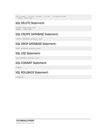 TUTORIALS POINT
Simply Easy Learning
SET column1 = value1, column2 = value2....columnN=valueN
[ WHERE CONDITION ];
SQL DELETE Statement:
DELETE FROM table_name
WHERE {CONDITION};
SQL CREATE DATABASE Statement:
CREATE DATABASE database_name;
SQL DROP DATABASE Statement:
DROP DATABASE database_name;
SQL USE Statement:
USE DATABASE database_name;
SQL COMMIT Statement:
COMMIT;
SQL ROLLBACK Statement:
ROLLBACK;
 