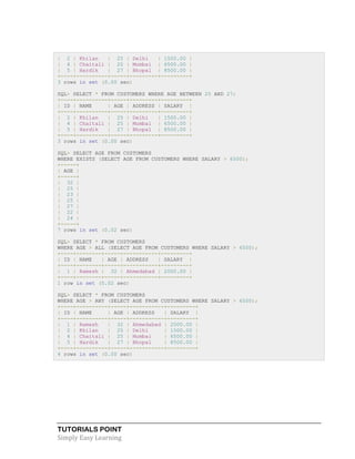 TUTORIALS POINT
Simply Easy Learning
| 2 | Khilan | 25 | Delhi | 1500.00 |
| 4 | Chaitali | 25 | Mumbai | 6500.00 |
| 5 | Hardik | 27 | Bhopal | 8500.00 |
+----+----------+-----+---------+---------+
3 rows in set (0.00 sec)
SQL> SELECT * FROM CUSTOMERS WHERE AGE BETWEEN 25 AND 27;
+----+----------+-----+---------+---------+
| ID | NAME | AGE | ADDRESS | SALARY |
+----+----------+-----+---------+---------+
| 2 | Khilan | 25 | Delhi | 1500.00 |
| 4 | Chaitali | 25 | Mumbai | 6500.00 |
| 5 | Hardik | 27 | Bhopal | 8500.00 |
+----+----------+-----+---------+---------+
3 rows in set (0.00 sec)
SQL> SELECT AGE FROM CUSTOMERS
WHERE EXISTS (SELECT AGE FROM CUSTOMERS WHERE SALARY > 6500);
+-----+
| AGE |
+-----+
| 32 |
| 25 |
| 23 |
| 25 |
| 27 |
| 22 |
| 24 |
+-----+
7 rows in set (0.02 sec)
SQL> SELECT * FROM CUSTOMERS
WHERE AGE > ALL (SELECT AGE FROM CUSTOMERS WHERE SALARY > 6500);
+----+--------+-----+-----------+---------+
| ID | NAME | AGE | ADDRESS | SALARY |
+----+--------+-----+-----------+---------+
| 1 | Ramesh | 32 | Ahmedabad | 2000.00 |
+----+--------+-----+-----------+---------+
1 row in set (0.02 sec)
SQL> SELECT * FROM CUSTOMERS
WHERE AGE > ANY (SELECT AGE FROM CUSTOMERS WHERE SALARY > 6500);
+----+----------+-----+-----------+---------+
| ID | NAME | AGE | ADDRESS | SALARY |
+----+----------+-----+-----------+---------+
| 1 | Ramesh | 32 | Ahmedabad | 2000.00 |
| 2 | Khilan | 25 | Delhi | 1500.00 |
| 4 | Chaitali | 25 | Mumbai | 6500.00 |
| 5 | Hardik | 27 | Bhopal | 8500.00 |
+----+----------+-----+-----------+---------+
4 rows in set (0.00 sec)
 
