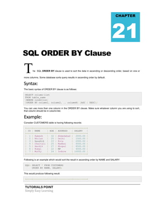 TUTORIALS POINT
Simply Easy Learning
SQL ORDER BY Clause
The SQL ORDER BY clause is used to sort the data in ascending or descending order, based on one or
more columns. Some database sorts query results in ascending order by default.
Syntax:
The basic syntax of ORDER BY clause is as follows:
SELECT column-list
FROM table_name
[WHERE condition]
[ORDER BY column1, column2, .. columnN] [ASC | DESC];
You can use more than one column in the ORDER BY clause. Make sure whatever column you are using to sort,
that column should be in column-list.
Example:
Consider CUSTOMERS table is having following records:
+----+----------+-----+-----------+----------+
| ID | NAME | AGE | ADDRESS | SALARY |
+----+----------+-----+-----------+----------+
| 1 | Ramesh | 32 | Ahmedabad | 2000.00 |
| 2 | Khilan | 25 | Delhi | 1500.00 |
| 3 | kaushik | 23 | Kota | 2000.00 |
| 4 | Chaitali | 25 | Mumbai | 6500.00 |
| 5 | Hardik | 27 | Bhopal | 8500.00 |
| 6 | Komal | 22 | MP | 4500.00 |
| 7 | Muffy | 24 | Indore | 10000.00 |
+----+----------+-----+-----------+----------+
Following is an example which would sort the result in ascending order by NAME and SALARY:
SQL> SELECT * FROM CUSTOMERS
ORDER BY NAME, SALARY;
This would produce following result:
+----+----------+-----+-----------+----------+
CHAPTER
21
 