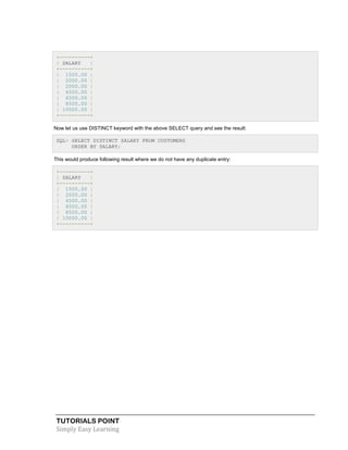 TUTORIALS POINT
Simply Easy Learning
+----------+
| SALARY |
+----------+
| 1500.00 |
| 2000.00 |
| 2000.00 |
| 4500.00 |
| 6500.00 |
| 8500.00 |
| 10000.00 |
+----------+
Now let us use DISTINCT keyword with the above SELECT query and see the result:
SQL> SELECT DISTINCT SALARY FROM CUSTOMERS
ORDER BY SALARY;
This would produce following result where we do not have any duplicate entry:
+----------+
| SALARY |
+----------+
| 1500.00 |
| 2000.00 |
| 4500.00 |
| 6500.00 |
| 8500.00 |
| 10000.00 |
+----------+
 