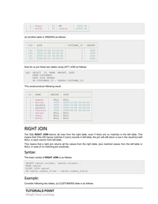 TUTORIALS POINT
Simply Easy Learning
| 6 | Komal | 22 | MP | 4500.00 |
| 7 | Muffy | 24 | Indore | 10000.00 |
+----+----------+-----+-----------+----------+
(b) Another table is ORDERS as follows:
+-----+---------------------+-------------+--------+
| OID | DATE | CUSTOMER_ID | AMOUNT |
+-----+---------------------+-------------+--------+
| 102 | 2009-10-08 00:00:00 | 3 | 3000 |
| 100 | 2009-10-08 00:00:00 | 3 | 1500 |
| 101 | 2009-11-20 00:00:00 | 2 | 1560 |
| 103 | 2008-05-20 00:00:00 | 4 | 2060 |
+-----+---------------------+-------------+--------+
Now let us join these two tables using LEFT JOIN as follows:
SQL> SELECT ID, NAME, AMOUNT, DATE
FROM CUSTOMERS
LEFT JOIN ORDERS
ON CUSTOMERS.ID = ORDERS.CUSTOMER_ID;
This would produce following result:
+----+----------+--------+---------------------+
| ID | NAME | AMOUNT | DATE |
+----+----------+--------+---------------------+
| 1 | Ramesh | NULL | NULL |
| 2 | Khilan | 1560 | 2009-11-20 00:00:00 |
| 3 | kaushik | 3000 | 2009-10-08 00:00:00 |
| 3 | kaushik | 1500 | 2009-10-08 00:00:00 |
| 4 | Chaitali | 2060 | 2008-05-20 00:00:00 |
| 5 | Hardik | NULL | NULL |
| 6 | Komal | NULL | NULL |
| 7 | Muffy | NULL | NULL |
+----+----------+--------+---------------------+
RIGHT JOIN
The SQL RIGHT JOIN returns all rows from the right table, even if there are no matches in the left table. This
means that if the ON clause matches 0 (zero) records in left table, the join will still return a row in the result.but with
NULL in each column from left table.
This means that a right join returns all the values from the right table, plus matched values from the left table or
NULL in case of no matching join predicate.
Syntax:
The basic syntax of RIGHT JOIN is as follows:
SELECT table1.column1, table2.column2...
FROM table1
RIGHT JOIN table2
ON table1.common_filed = table2.common_field;
Example:
Consider following two tables, (a) CUSTOMERS table is as follows:
 