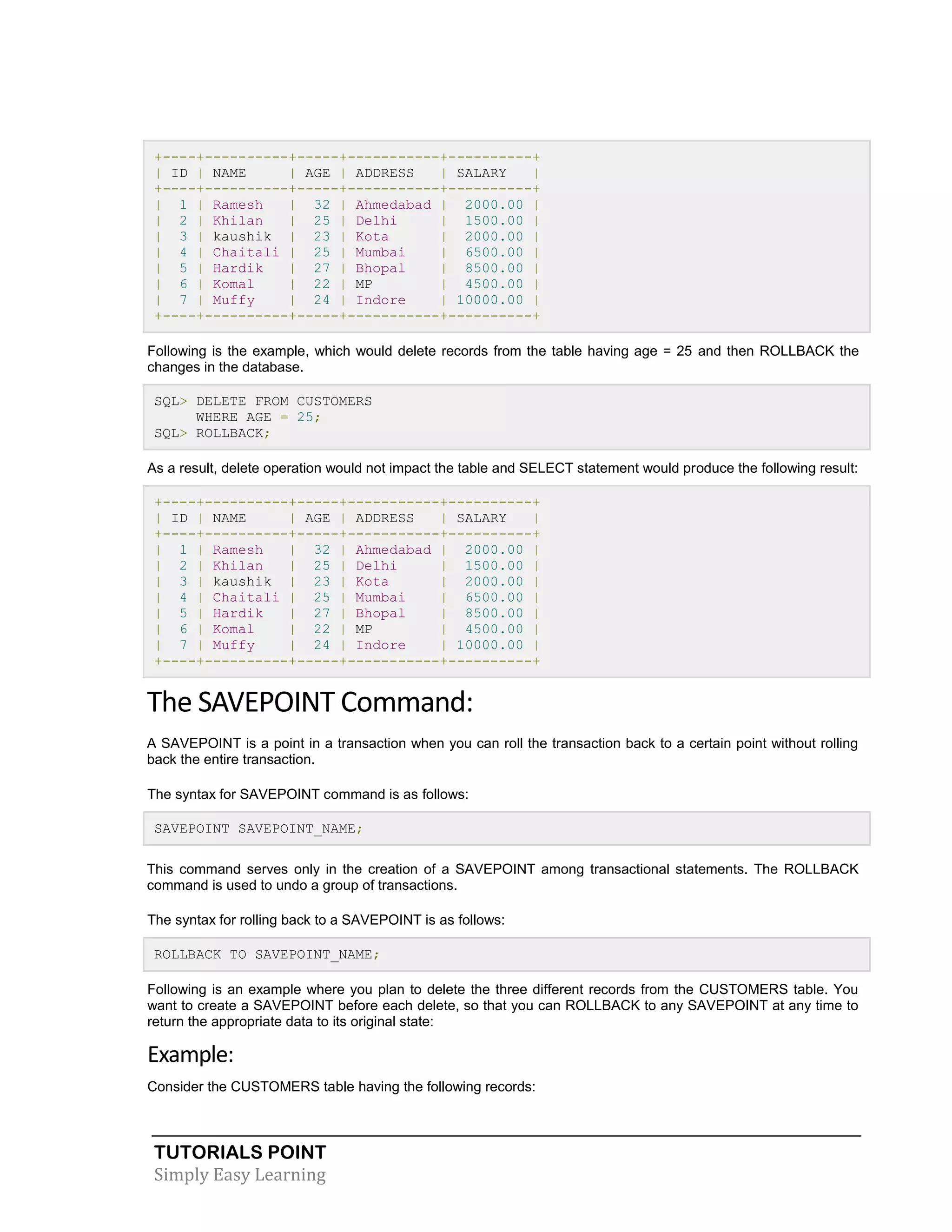 +----+----------+-----+-----------+----------+
| ID | NAME
| AGE | ADDRESS
| SALARY
|
+----+----------+-----+-----------+----------+
| 1 | Ramesh
| 32 | Ahmedabad | 2000.00 |
| 2 | Khilan
| 25 | Delhi
| 1500.00 |
| 3 | kaushik | 23 | Kota
| 2000.00 |
| 4 | Chaitali | 25 | Mumbai
| 6500.00 |
| 5 | Hardik
| 27 | Bhopal
| 8500.00 |
| 6 | Komal
| 22 | MP
| 4500.00 |
| 7 | Muffy
| 24 | Indore
| 10000.00 |
+----+----------+-----+-----------+----------+
Following is the example, which would delete records from the table having age = 25 and then ROLLBACK the
changes in the database.
SQL> DELETE FROM CUSTOMERS
WHERE AGE = 25;
SQL> ROLLBACK;
As a result, delete operation would not impact the table and SELECT statement would produce the following result:
+----+----------+-----+-----------+----------+
| ID | NAME
| AGE | ADDRESS
| SALARY
|
+----+----------+-----+-----------+----------+
| 1 | Ramesh
| 32 | Ahmedabad | 2000.00 |
| 2 | Khilan
| 25 | Delhi
| 1500.00 |
| 3 | kaushik | 23 | Kota
| 2000.00 |
| 4 | Chaitali | 25 | Mumbai
| 6500.00 |
| 5 | Hardik
| 27 | Bhopal
| 8500.00 |
| 6 | Komal
| 22 | MP
| 4500.00 |
| 7 | Muffy
| 24 | Indore
| 10000.00 |
+----+----------+-----+-----------+----------+

The SAVEPOINT Command:
A SAVEPOINT is a point in a transaction when you can roll the transaction back to a certain point without rolling
back the entire transaction.
The syntax for SAVEPOINT command is as follows:
SAVEPOINT SAVEPOINT_NAME;
This command serves only in the creation of a SAVEPOINT among transactional statements. The ROLLBACK
command is used to undo a group of transactions.
The syntax for rolling back to a SAVEPOINT is as follows:
ROLLBACK TO SAVEPOINT_NAME;
Following is an example where you plan to delete the three different records from the CUSTOMERS table. You
want to create a SAVEPOINT before each delete, so that you can ROLLBACK to any SAVEPOINT at any time to
return the appropriate data to its original state:

Example:
Consider the CUSTOMERS table having the following records:

TUTORIALS POINT
Simply Easy Learning

 