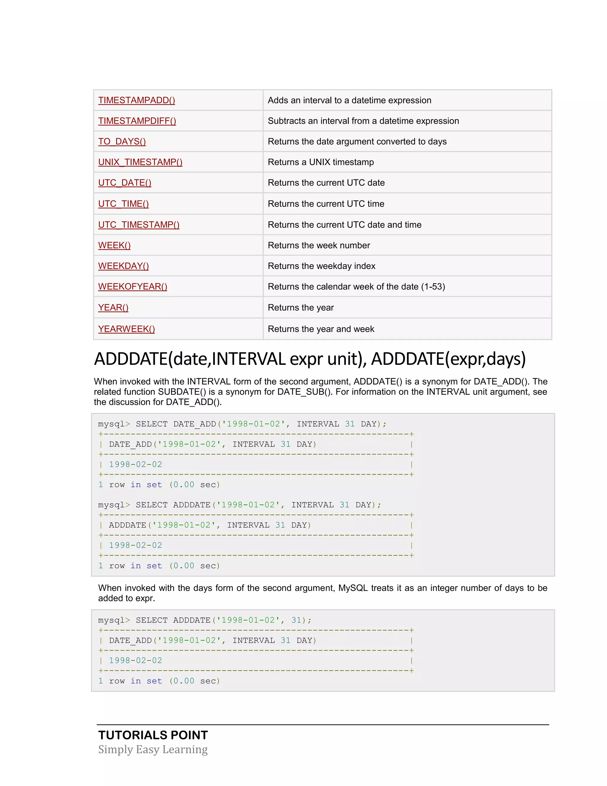 TIMESTAMPADD()

Adds an interval to a datetime expression

TIMESTAMPDIFF()

Subtracts an interval from a datetime expression

TO_DAYS()

Returns the date argument converted to days

UNIX_TIMESTAMP()

Returns a UNIX timestamp

UTC_DATE()

Returns the current UTC date

UTC_TIME()

Returns the current UTC time

UTC_TIMESTAMP()

Returns the current UTC date and time

WEEK()

Returns the week number

WEEKDAY()

Returns the weekday index

WEEKOFYEAR()

Returns the calendar week of the date (1-53)

YEAR()

Returns the year

YEARWEEK()

Returns the year and week

ADDDATE(date,INTERVAL expr unit), ADDDATE(expr,days)
When invoked with the INTERVAL form of the second argument, ADDDATE() is a synonym for DATE_ADD(). The
related function SUBDATE() is a synonym for DATE_SUB(). For information on the INTERVAL unit argument, see
the discussion for DATE_ADD().
mysql> SELECT DATE_ADD('1998-01-02', INTERVAL 31 DAY);
+---------------------------------------------------------+
| DATE_ADD('1998-01-02', INTERVAL 31 DAY)
|
+---------------------------------------------------------+
| 1998-02-02
|
+---------------------------------------------------------+
1 row in set (0.00 sec)
mysql> SELECT ADDDATE('1998-01-02', INTERVAL 31 DAY);
+---------------------------------------------------------+
| ADDDATE('1998-01-02', INTERVAL 31 DAY)
|
+---------------------------------------------------------+
| 1998-02-02
|
+---------------------------------------------------------+
1 row in set (0.00 sec)
When invoked with the days form of the second argument, MySQL treats it as an integer number of days to be
added to expr.
mysql> SELECT ADDDATE('1998-01-02', 31);
+---------------------------------------------------------+
| DATE_ADD('1998-01-02', INTERVAL 31 DAY)
|
+---------------------------------------------------------+
| 1998-02-02
|
+---------------------------------------------------------+
1 row in set (0.00 sec)

TUTORIALS POINT
Simply Easy Learning

 