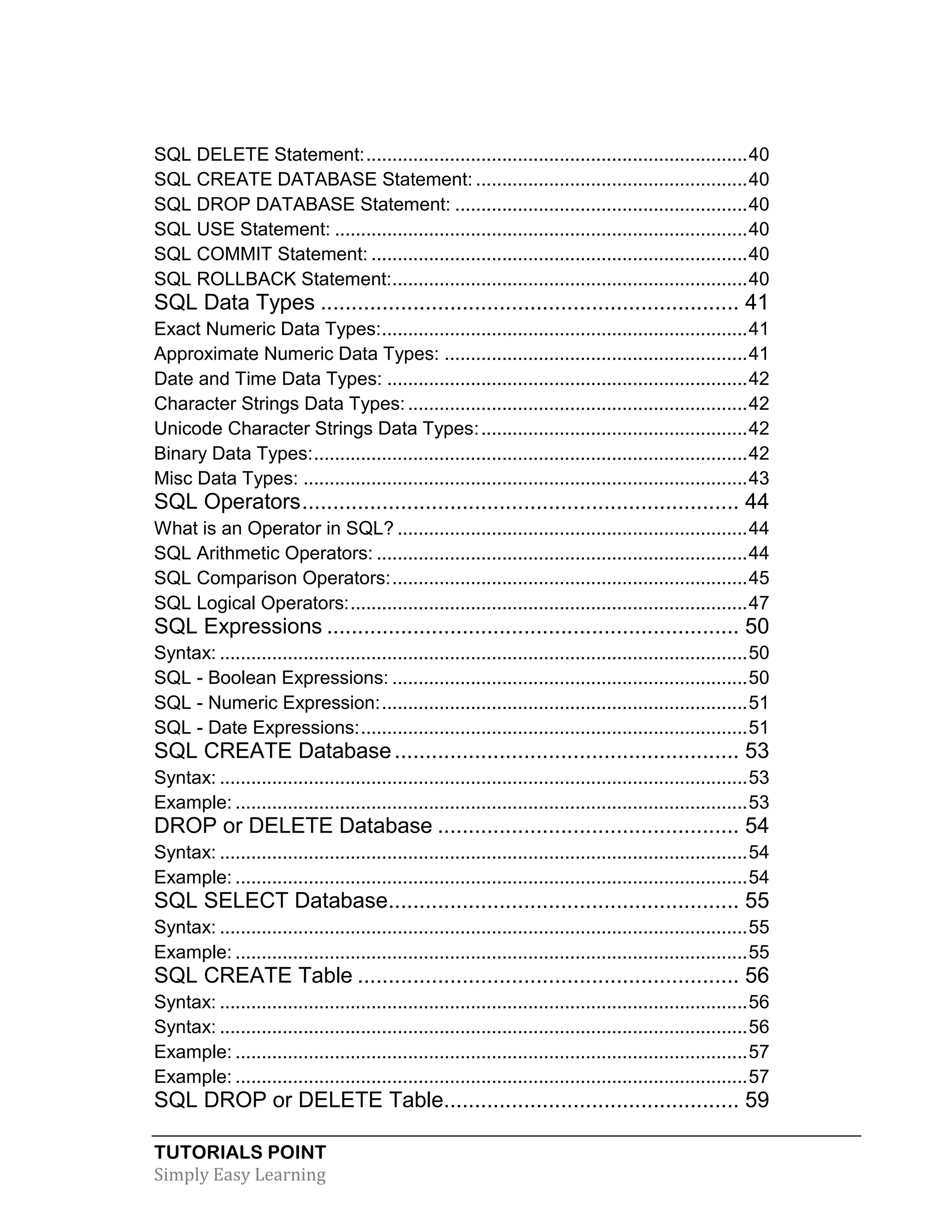 SQL DELETE Statement: ......................................................................... 40
SQL CREATE DATABASE Statement: .................................................... 40
SQL DROP DATABASE Statement: ........................................................ 40
SQL USE Statement: ............................................................................... 40
SQL COMMIT Statement: ........................................................................ 40
SQL ROLLBACK Statement:.................................................................... 40

SQL Data Types .................................................................... 41
Exact Numeric Data Types: ...................................................................... 41
Approximate Numeric Data Types: .......................................................... 41
Date and Time Data Types: ..................................................................... 42
Character Strings Data Types: ................................................................. 42
Unicode Character Strings Data Types: ................................................... 42
Binary Data Types: ................................................................................... 42
Misc Data Types: ..................................................................................... 43

SQL Operators ....................................................................... 44
What is an Operator in SQL? ................................................................... 44
SQL Arithmetic Operators: ....................................................................... 44
SQL Comparison Operators: .................................................................... 45
SQL Logical Operators: ............................................................................ 47

SQL Expressions ................................................................... 50
Syntax: ..................................................................................................... 50
SQL - Boolean Expressions: .................................................................... 50
SQL - Numeric Expression: ...................................................................... 51
SQL - Date Expressions: .......................................................................... 51

SQL CREATE Database ........................................................ 53
Syntax: ..................................................................................................... 53
Example: .................................................................................................. 53

DROP or DELETE Database ................................................. 54
Syntax: ..................................................................................................... 54
Example: .................................................................................................. 54

SQL SELECT Database......................................................... 55
Syntax: ..................................................................................................... 55
Example: .................................................................................................. 55

SQL CREATE Table .............................................................. 56
Syntax: ..................................................................................................... 56
Syntax: ..................................................................................................... 56
Example: .................................................................................................. 57
Example: .................................................................................................. 57

SQL DROP or DELETE Table................................................ 59
TUTORIALS POINT
Simply Easy Learning

 