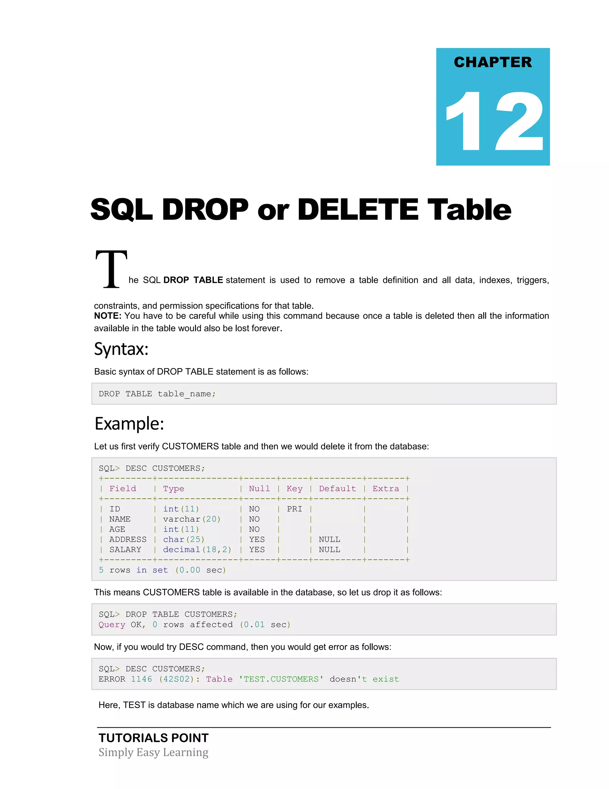 CHAPTER

12
SQL DROP or DELETE Table

T

he SQL DROP TABLE statement is used to remove a table definition and all data, indexes, triggers,

constraints, and permission specifications for that table.
NOTE: You have to be careful while using this command because once a table is deleted then all the information
available in the table would also be lost forever.

Syntax:
Basic syntax of DROP TABLE statement is as follows:
DROP TABLE table_name;

Example:
Let us first verify CUSTOMERS table and then we would delete it from the database:
SQL> DESC CUSTOMERS;
+---------+---------------+------+-----+---------+-------+
| Field
| Type
| Null | Key | Default | Extra |
+---------+---------------+------+-----+---------+-------+
| ID
| int(11)
| NO
| PRI |
|
|
| NAME
| varchar(20)
| NO
|
|
|
|
| AGE
| int(11)
| NO
|
|
|
|
| ADDRESS | char(25)
| YES |
| NULL
|
|
| SALARY | decimal(18,2) | YES |
| NULL
|
|
+---------+---------------+------+-----+---------+-------+
5 rows in set (0.00 sec)
This means CUSTOMERS table is available in the database, so let us drop it as follows:
SQL> DROP TABLE CUSTOMERS;
Query OK, 0 rows affected (0.01 sec)
Now, if you would try DESC command, then you would get error as follows:
SQL> DESC CUSTOMERS;
ERROR 1146 (42S02): Table 'TEST.CUSTOMERS' doesn't exist
Here, TEST is database name which we are using for our examples.

TUTORIALS POINT
Simply Easy Learning

 