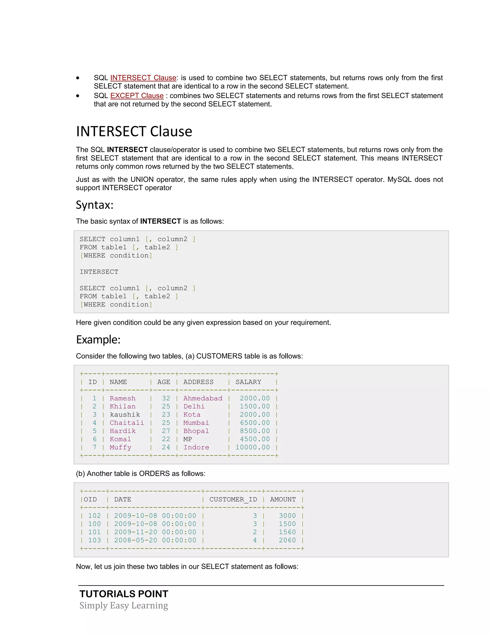 TUTORIALS POINT 
Simply Easy Learning 
 SQL INTERSECT Clause: is used to combine two SELECT statements, but returns rows only from the first SELECT statement that are identical to a row in the second SELECT statement.  SQL EXCEPT Clause : combines two SELECT statements and returns rows from the first SELECT statement that are not returned by the second SELECT statement. INTERSECT Clause The SQL INTERSECT clause/operator is used to combine two SELECT statements, but returns rows only from the first SELECT statement that are identical to a row in the second SELECT statement. This means INTERSECT returns only common rows returned by the two SELECT statements. Just as with the UNION operator, the same rules apply when using the INTERSECT operator. MySQL does not support INTERSECT operator Syntax: The basic syntax of INTERSECT is as follows: SELECT column1 [, column2 ] FROM table1 [, table2 ] [WHERE condition] INTERSECT SELECT column1 [, column2 ] FROM table1 [, table2 ] [WHERE condition] Here given condition could be any given expression based on your requirement. Example: Consider the following two tables, (a) CUSTOMERS table is as follows: +----+----------+-----+-----------+----------+ | ID | NAME | AGE | ADDRESS | SALARY | +----+----------+-----+-----------+----------+ | 1 | Ramesh | 32 | Ahmedabad | 2000.00 | | 2 | Khilan | 25 | Delhi | 1500.00 | | 3 | kaushik | 23 | Kota | 2000.00 | | 4 | Chaitali | 25 | Mumbai | 6500.00 | | 5 | Hardik | 27 | Bhopal | 8500.00 | | 6 | Komal | 22 | MP | 4500.00 | | 7 | Muffy | 24 | Indore | 10000.00 | +----+----------+-----+-----------+----------+ (b) Another table is ORDERS as follows: +-----+---------------------+-------------+--------+ |OID | DATE | CUSTOMER_ID | AMOUNT | +-----+---------------------+-------------+--------+ | 102 | 2009-10-08 00:00:00 | 3 | 3000 | | 100 | 2009-10-08 00:00:00 | 3 | 1500 | | 101 | 2009-11-20 00:00:00 | 2 | 1560 | | 103 | 2008-05-20 00:00:00 | 4 | 2060 | +-----+---------------------+-------------+--------+ Now, let us join these two tables in our SELECT statement as follows:  
