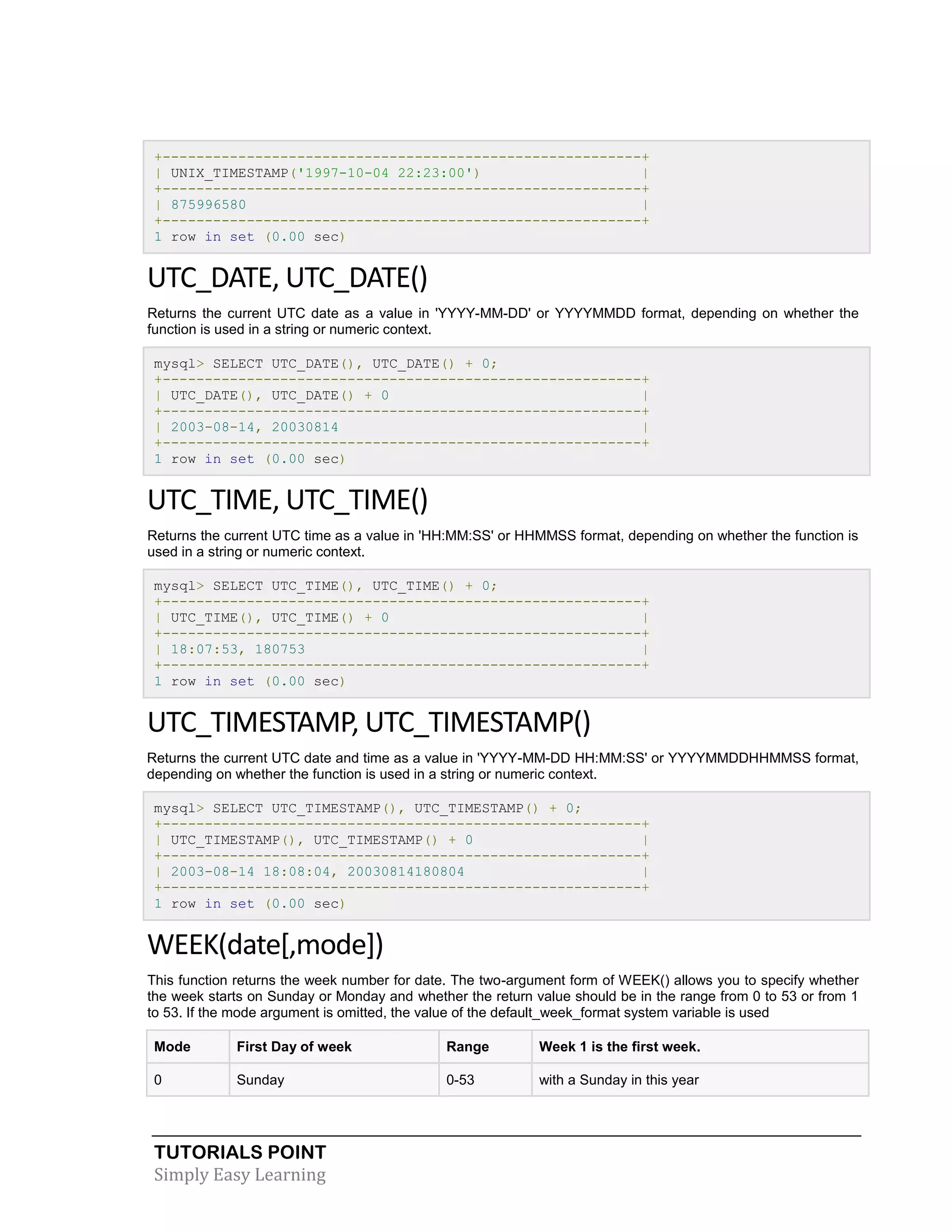 TUTORIALS POINT 
Simply Easy Learning 
+---------------------------------------------------------+ | UNIX_TIMESTAMP('1997-10-04 22:23:00') | +---------------------------------------------------------+ | 875996580 | +---------------------------------------------------------+ 1 row in set (0.00 sec) UTC_DATE, DATE() Returns the current UTC date as a value in 'YYYY-MM-DD' or YYYYMMDD format, depending on whether the function is used in a string or numeric context. mysql> SELECT UTC_DATE(), UTC_DATE() + 0; +---------------------------------------------------------+ | UTC_DATE(), UTC_DATE() + 0 | +---------------------------------------------------------+ | 2003-08-14, 20030814 | +---------------------------------------------------------+ 1 row in set (0.00 sec) UTC_TIME, TIME() Returns the current UTC time as a value in 'HH:MM:SS' or HHMMSS format, depending on whether the function is used in a string or numeric context. mysql> SELECT UTC_TIME(), UTC_TIME() + 0; +---------------------------------------------------------+ | UTC_TIME(), UTC_TIME() + 0 | +---------------------------------------------------------+ | 18:07:53, 180753 | +---------------------------------------------------------+ 1 row in set (0.00 sec) UTC_TIMESTAMP, TIMESTAMP() Returns the current UTC date and time as a value in 'YYYY-MM-DD HH:MM:SS' or YYYYMMDDHHMMSS format, depending on whether the function is used in a string or numeric context. mysql> SELECT UTC_TIMESTAMP(), UTC_TIMESTAMP() + 0; +---------------------------------------------------------+ | UTC_TIMESTAMP(), UTC_TIMESTAMP() + 0 | +---------------------------------------------------------+ | 2003-08-14 18:08:04, 20030814180804 | +---------------------------------------------------------+ 1 row in set (0.00 sec) WEEK(date[,mode]) This function returns the week number for date. The two-argument form of WEEK() allows you to specify whether the week starts on Sunday or Monday and whether the return value should be in the range from 0 to 53 or from 1 to 53. If the mode argument is omitted, the value of the default_week_format system variable is used Mode First Day of week Range Week 1 is the first week. 0 Sunday 0-53 with a Sunday in this year  