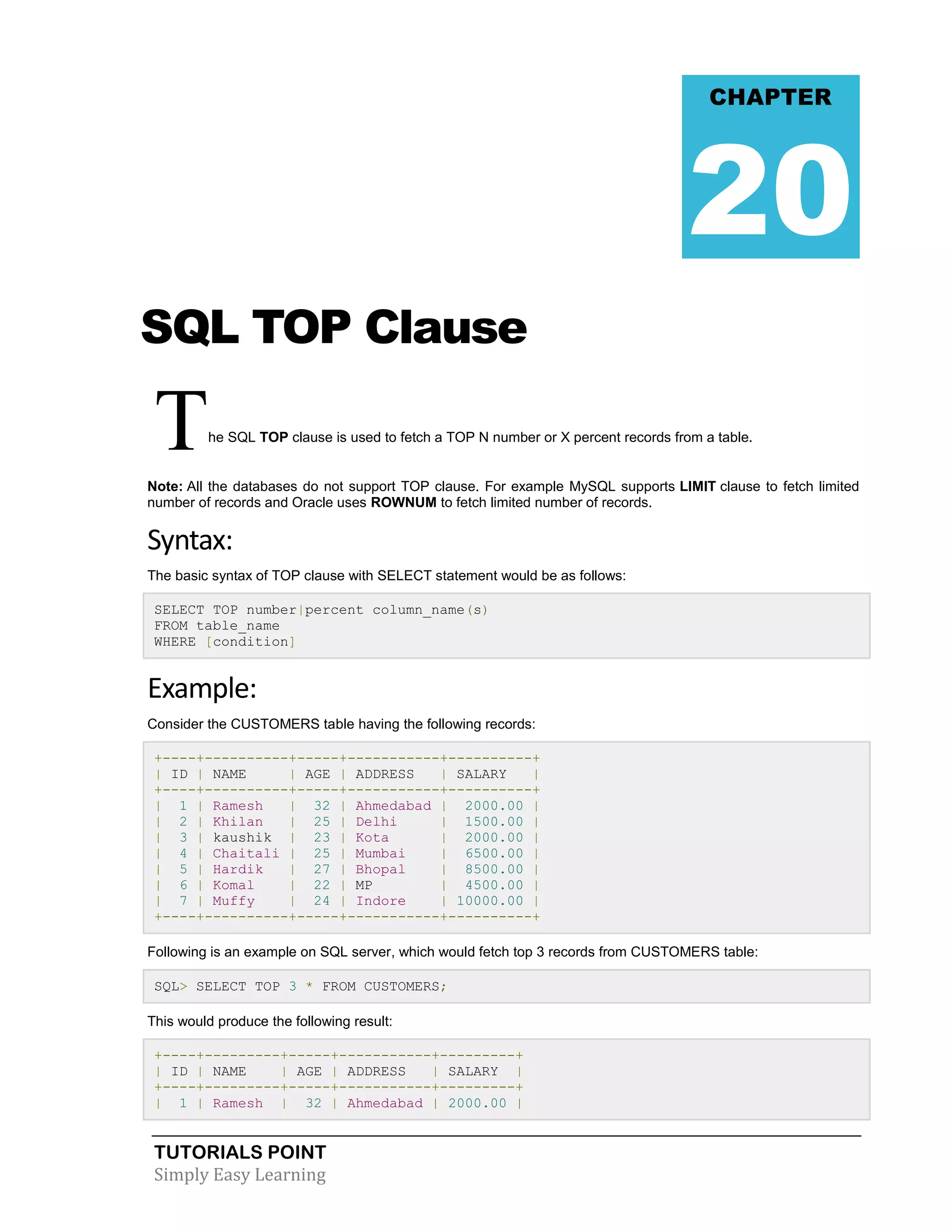 TUTORIALS POINT 
Simply Easy Learning 
SQL TOP Clause The SQL TOP clause is used to fetch a TOP N number or X percent records from a table. Note: All the databases do not support TOP clause. For example MySQL supports LIMIT clause to fetch limited number of records and Oracle uses ROWNUM to fetch limited number of records. Syntax: The basic syntax of TOP clause with SELECT statement would be as follows: SELECT TOP number|percent column_name(s) FROM table_name WHERE [condition] Example: Consider the CUSTOMERS table having the following records: +----+----------+-----+-----------+----------+ | ID | NAME | AGE | ADDRESS | SALARY | +----+----------+-----+-----------+----------+ | 1 | Ramesh | 32 | Ahmedabad | 2000.00 | | 2 | Khilan | 25 | Delhi | 1500.00 | | 3 | kaushik | 23 | Kota | 2000.00 | | 4 | Chaitali | 25 | Mumbai | 6500.00 | | 5 | Hardik | 27 | Bhopal | 8500.00 | | 6 | Komal | 22 | MP | 4500.00 | | 7 | Muffy | 24 | Indore | 10000.00 | +----+----------+-----+-----------+----------+ Following is an example on SQL server, which would fetch top 3 records from CUSTOMERS table: SQL> SELECT TOP 3 * FROM CUSTOMERS; This would produce the following result: +----+---------+-----+-----------+---------+ | ID | NAME | AGE | ADDRESS | SALARY | +----+---------+-----+-----------+---------+ | 1 | Ramesh | 32 | Ahmedabad | 2000.00 | CHAPTER 20  