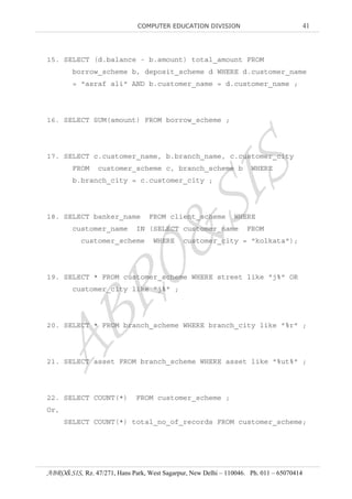 COMPUTER EDUCATION DIVISION 41
ABRO&SIS, Rz. 47/271, Hans Park, West Sagarpur, New Delhi – 110046. Ph. 011 – 65070414
15. SELECT (d.balance - b.amount) total_amount FROM
borrow_scheme b, deposit_scheme d WHERE d.customer_name
= "asraf ali" AND b.customer_name = d.customer_name ;
16. SELECT SUM(amount) FROM borrow_scheme ;
17. SELECT c.customer_name, b.branch_name, c.customer_city
FROM customer_scheme c, branch_scheme b WHERE
b.branch_city = c.customer_city ;
18. SELECT banker_name FROM client_scheme WHERE
customer_name IN (SELECT customer_name FROM
customer_scheme WHERE customer_city = "kolkata");
19. SELECT * FROM customer_scheme WHERE street like "j%" OR
customer_city like "j%" ;
20. SELECT * FROM branch_scheme WHERE branch_city like "%r" ;
21. SELECT asset FROM branch_scheme WHERE asset like "%ut%" ;
22. SELECT COUNT(*) FROM customer_scheme ;
Or,
SELECT COUNT(*) total_no_of_records FROM customer_scheme;
 