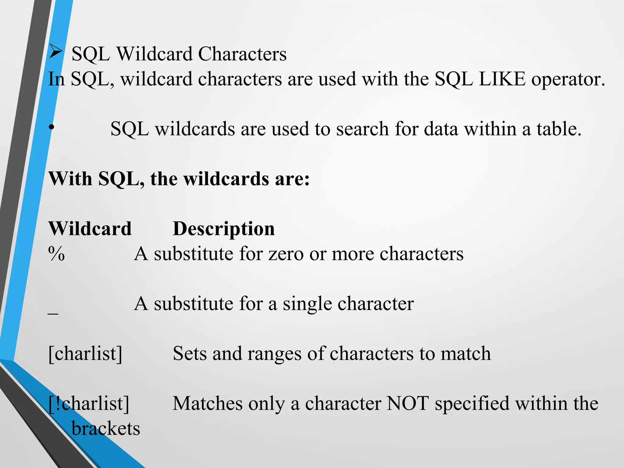  SQL Wildcard Characters
In SQL, wildcard characters are used with the SQL LIKE operator.
• SQL wildcards are used to search for data within a table.
With SQL, the wildcards are:
Wildcard Description
% A substitute for zero or more characters
_ A substitute for a single character
[charlist] Sets and ranges of characters to match
[!charlist] Matches only a character NOT specified within the
brackets
 