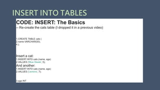 INSERT INTO TABLES
CODE: INSERT: The Basics
-- Re-create the cats table (I dropped it in a previous video)
1.CREATE TABLE cats (
2.name VARCHAR(50),
4.);
Insert a cat:
1.INSERT INTO cats (name, age)
2.VALUES ('Blue Steele', 5);
And another:
1.INSERT INTO cats (name, age)
2.VALUES ('Jenkins', 7);
3.age INT