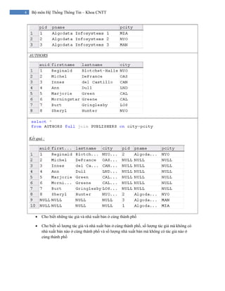 4 Bộ môn Hệ Thống Thông Tin – Khoa CNTT
AUTHORS
Kết quả :
• Cho biết những tác giả và nhà xuất bản ở cùng thành phố
• Cho biết số lượng tác giả và nhà xuất bản ở cùng thành phố, số lượng tác giả mà không có
nhà xuất bản nào ở cùng thành phố và số lượng nhà xuất bản mà không có tác giả nào ở
cùng thành phố
 