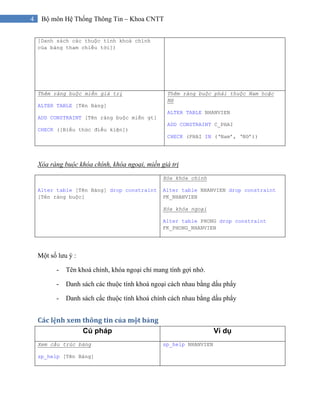4 Bộ môn Hệ Thống Thông Tin – Khoa CNTT
Xóa ràng buộc khóa chính, khóa ngoại, miền giá trị
Một số lưu ý :
- Tên khoá chính, khóa ngoại chỉ mang tính gợi nhớ.
- Danh sách các thuộc tính khoá ngoại cách nhau bằng dấu phẩy
- Danh sách cấc thuộc tính khoá chính cách nhau bằng dấu phẩy
Các lệnh xem thông tin của một bảng 
[Danh sách các thuộc tính khoá chính
của bảng tham chiếu tới])
Thêm ràng buộc miền giá trị
ALTER TABLE [Tên Bảng]
ADD CONSTRAINT [Tên ràng buộc miền gt]
CHECK ([Biểu thức điều kiện])
Thêm ràng buộc phái thuộc Nam hoặc
Nữ
ALTER TABLE NHANVIEN
ADD CONSTRAINT C_PHAI
CHECK (PHAI IN (‘Nam’, ‘Nữ’))
Alter table [Tên Bảng] drop constraint
[Tên ràng buộc]
Xóa khóa chính
Alter table NHANVIEN drop constraint
PK_NHANVIEN
Xóa khóa ngoại
Alter table PHONG drop constraint
FK_PHONG_NHANVIEN
Cú pháp Ví dụ
Xem cấu trúc bảng
sp_help [Tên Bảng]
sp_help NHANVIEN
 