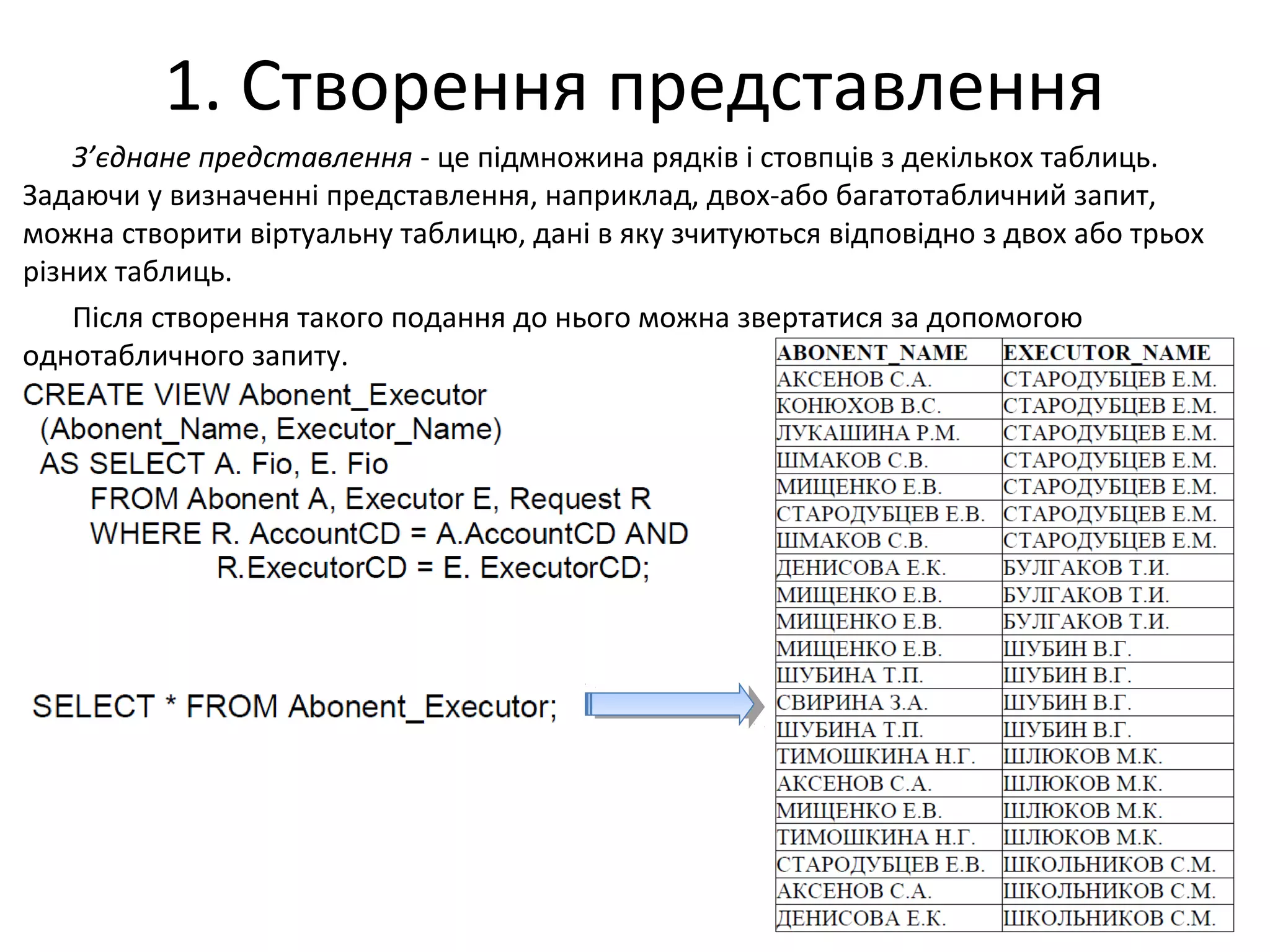 1. Створення представлення
З’єднане представлення - це підмножина рядків і стовпців з декількох таблиць.
Задаючи у визначенні представлення, наприклад, двох-або багатотабличний запит,
можна створити віртуальну таблицю, дані в яку зчитуються відповідно з двох або трьох
різних таблиць.
Після створення такого подання до нього можна звертатися за допомогою
однотабличного запиту.
 