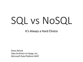 SQL vs NoSQL
It’s Always a Hard Choice
Denis Reznik
Data Architect at Intapp, Inc.
Microsoft Data Platform MVP
 