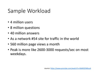 Sample Workload
• 4 million users
• 8 million questions
• 40 million answers
• As a network #54 site for traffic in the world
• 560 million page views a month
• Peak is more like 2600-3000 requests/sec on most
weekdays.
source: https://www.youtube.com/watch?v=t6kM2EM6so4
 