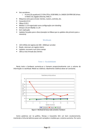 •

•
•
•
•
•
•
•

Seis servidores:
o 8 cores (2x quadcore) 2.5 GHz CPUs, 8 GB RAM, 6 x 146GB 15K RPM SAS drives
in RAID 1+0, Gigabit ethernet, RHEL 4
Máquinas extra para simular clientes, routers, controlo, etc.
Cassandra 0.5.0
HBase 0.20.3
MySQL 5.1.32 organizado numa configuração com sharding
Sherpa 1.8 com MySQL 5.1.24
Sem replicação
Updates forçados para o disco (excepto no HBase que os updates vão primeiro para a
memória)
Workloads

•
•
•
•

120 milhões de registos de 1KB = 20GB por servidor
Reads: retornam um registo inteiro
Updates: escrevem num único campo
100 ou mais threads dos clientes

Teste 1 – Escalabilidade
Neste teste o hardware aumenta-se o harware proporcionalmente com o volume de
informação e o workload. Mede-se a latência. Idealmente a latência deve ser constante.

Figura 4 - Workload de heavy reads variando o hardware

Como podemos ver no gráfico, Sherpa e Cassandra têm um bom escalonamento,
mantendo a linha da latência quase sem variações à medida que o sistema aumenta. Por outro

Page 13

 
