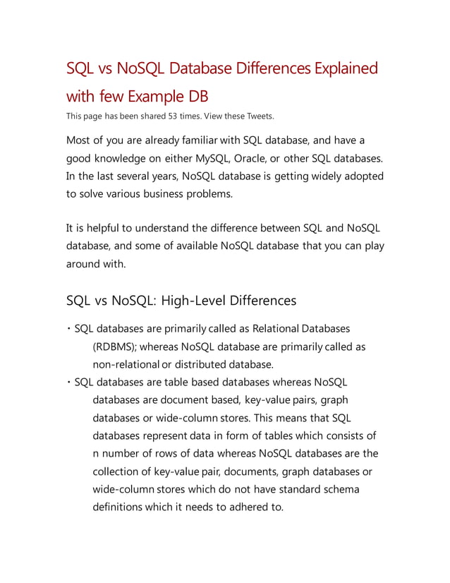 Sql vs NO-SQL database differences explained | DOCX | Databases ...