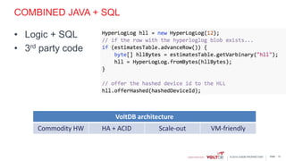 page© 2015 VoltDB PROPRIETARY
COMBINED JAVA + SQL
• Logic + SQL
• 3rd party code
15
VoltDB architecture
Commodity HW HA + ACID Scale-out VM-friendly
 