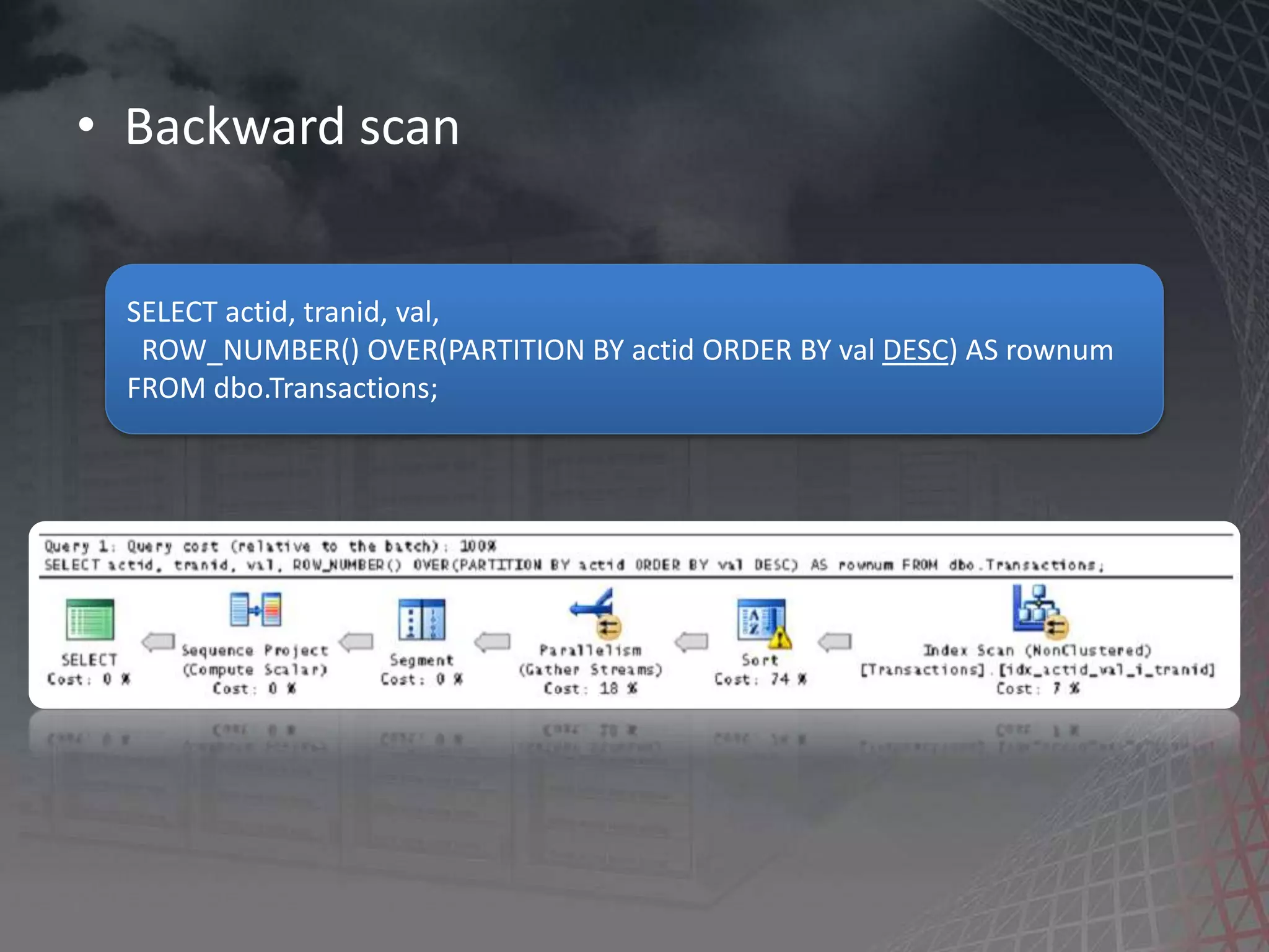 SELECT actid, tranid, val, ROW_NUMBER() OVER(PARTITION BY actid ORDER BY val DESC) AS rownum FROM dbo.Transactions; • Backward scan 