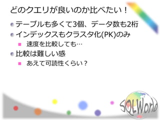 どのクエリが良いのか比べたい！ 
テーブルも多くて3個、データ数も2桁 
インデックスもクラスタ化(PK)のみ 
速度を比較しても… 
比較は難しい感 
あえて可読性くらい？ 
 