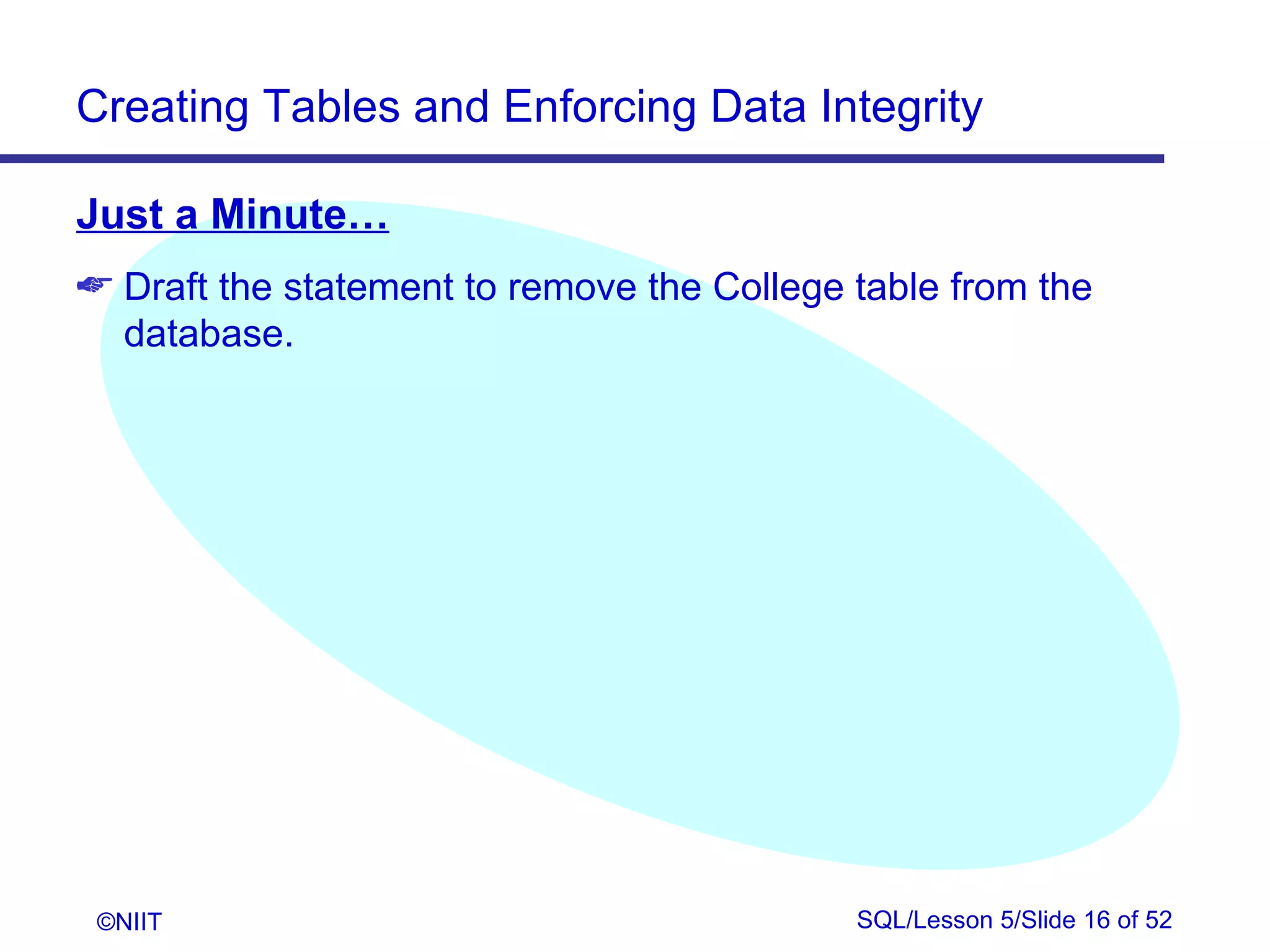 Creating Tables and Enforcing Data Integrity

Just a Minute…
 Draft the statement to remove the College table from the
  database.




 ©NIIT                                      SQL/Lesson 5/Slide 16 of 52
 