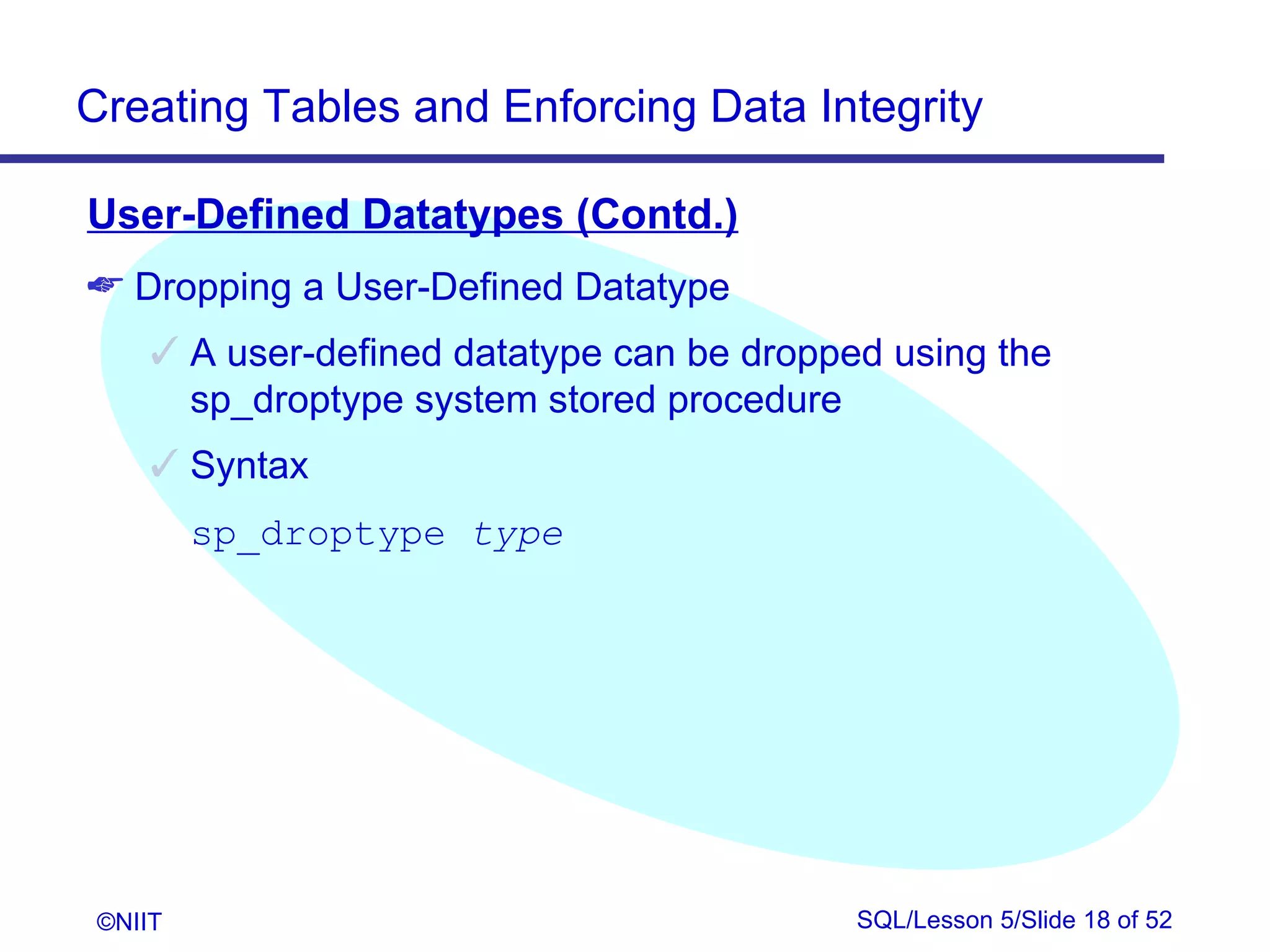 Creating Tables and Enforcing Data Integrity

User-Defined Datatypes (Contd.)
 Dropping a User-Defined Datatype
      A user-defined datatype can be dropped using the
       sp_droptype system stored procedure
      Syntax
         sp_droptype type




 ©NIIT                                      SQL/Lesson 5/Slide 18 of 52
 