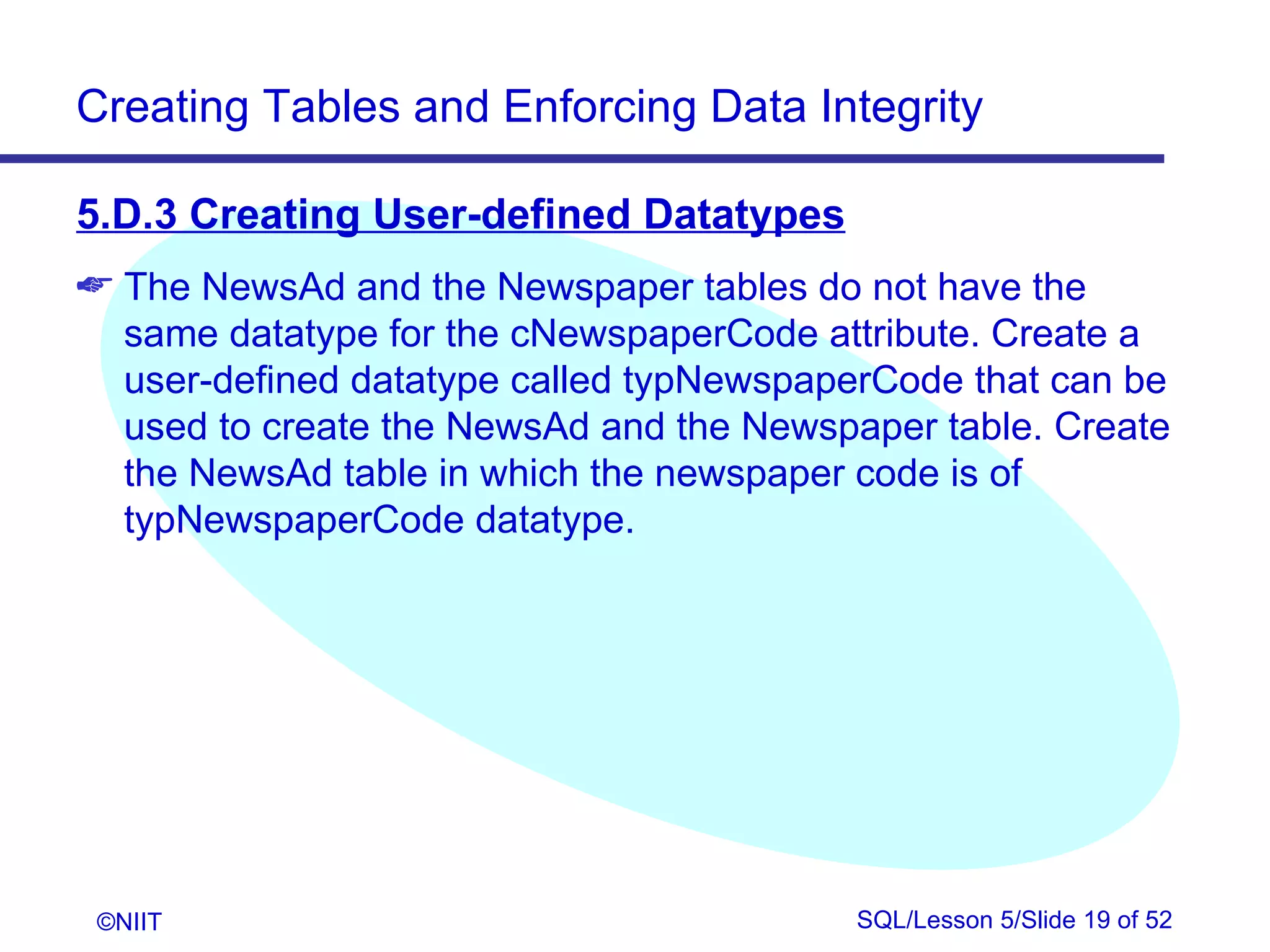 Creating Tables and Enforcing Data Integrity

5.D.3 Creating User-defined Datatypes
 The NewsAd and the Newspaper tables do not have the
  same datatype for the cNewspaperCode attribute. Create a
  user-defined datatype called typNewspaperCode that can be
  used to create the NewsAd and the Newspaper table. Create
  the NewsAd table in which the newspaper code is of
  typNewspaperCode datatype.




 ©NIIT                                    SQL/Lesson 5/Slide 19 of 52
 