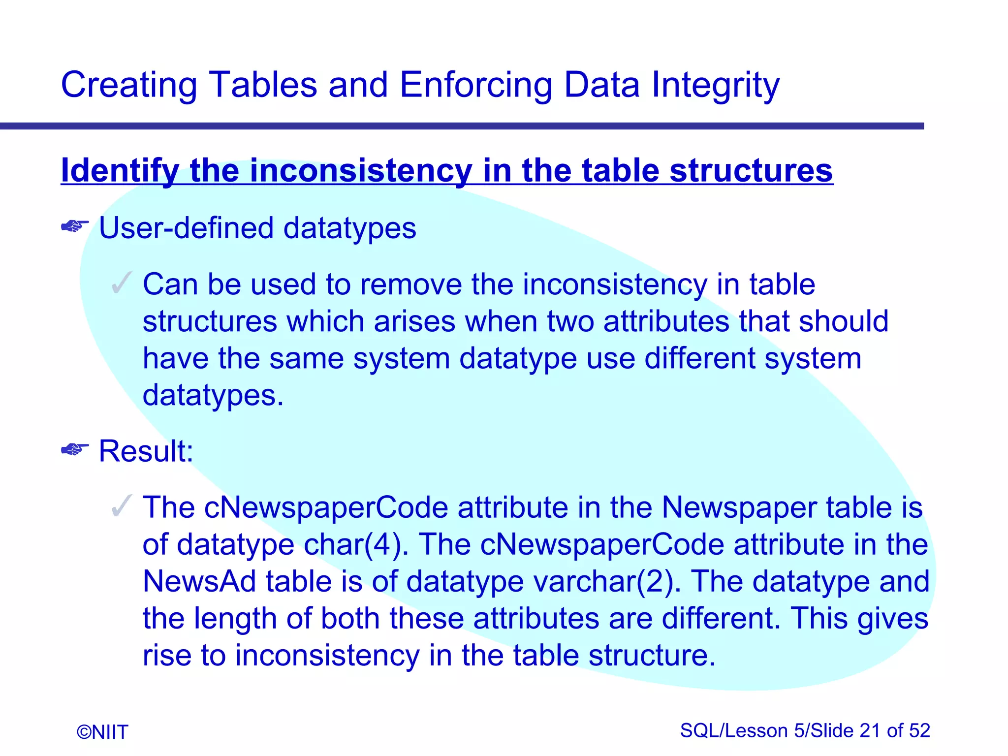 Creating Tables and Enforcing Data Integrity

Identify the inconsistency in the table structures
 User-defined datatypes
     Can be used to remove the inconsistency in table
      structures which arises when two attributes that should
      have the same system datatype use different system
      datatypes.
 Result:
     The cNewspaperCode attribute in the Newspaper table is
      of datatype char(4). The cNewspaperCode attribute in the
      NewsAd table is of datatype varchar(2). The datatype and
      the length of both these attributes are different. This gives
      rise to inconsistency in the table structure.

 ©NIIT                                         SQL/Lesson 5/Slide 21 of 52
 