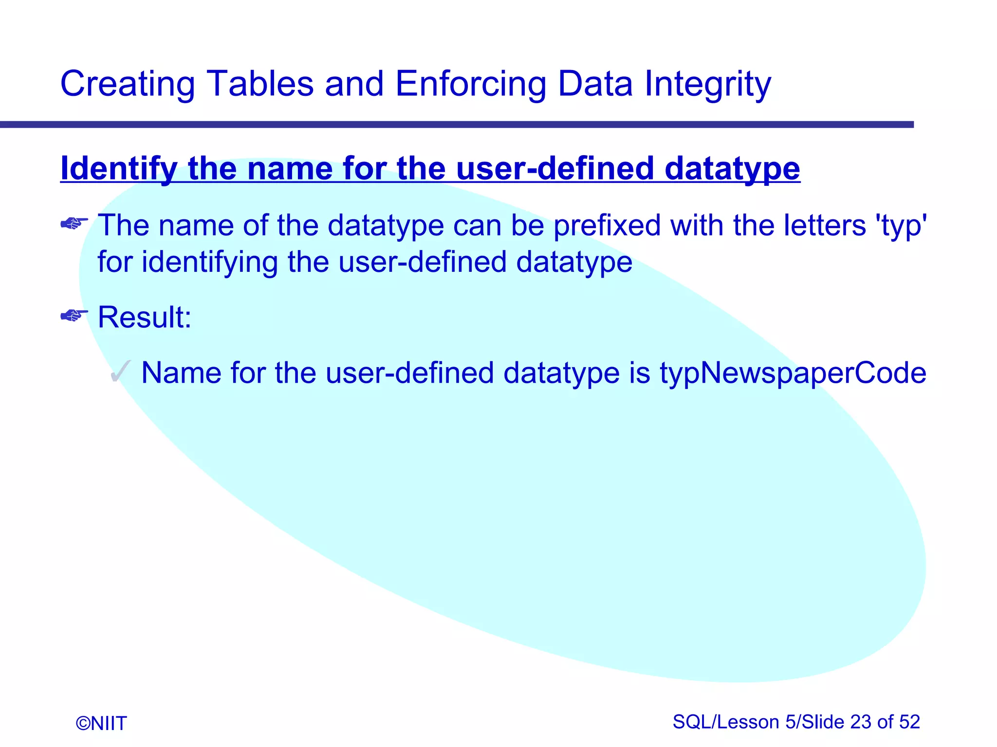 Creating Tables and Enforcing Data Integrity

Identify the name for the user-defined datatype
 The name of the datatype can be prefixed with the letters 'typ'
  for identifying the user-defined datatype
 Result:
     Name for the user-defined datatype is typNewspaperCode




 ©NIIT                                       SQL/Lesson 5/Slide 23 of 52
 
