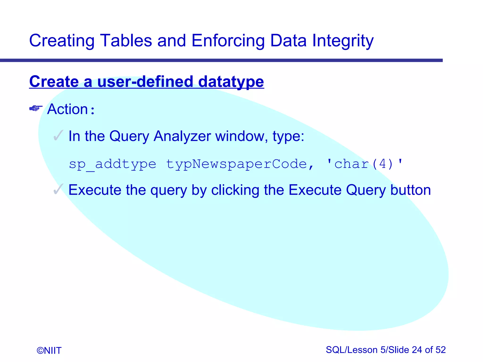 Creating Tables and Enforcing Data Integrity

Create a user-defined datatype
 Action:
     In the Query Analyzer window, type:
         sp_addtype typNewspaperCode, 'char(4)'
     Execute the query by clicking the Execute Query button




 ©NIIT                                      SQL/Lesson 5/Slide 24 of 52
 