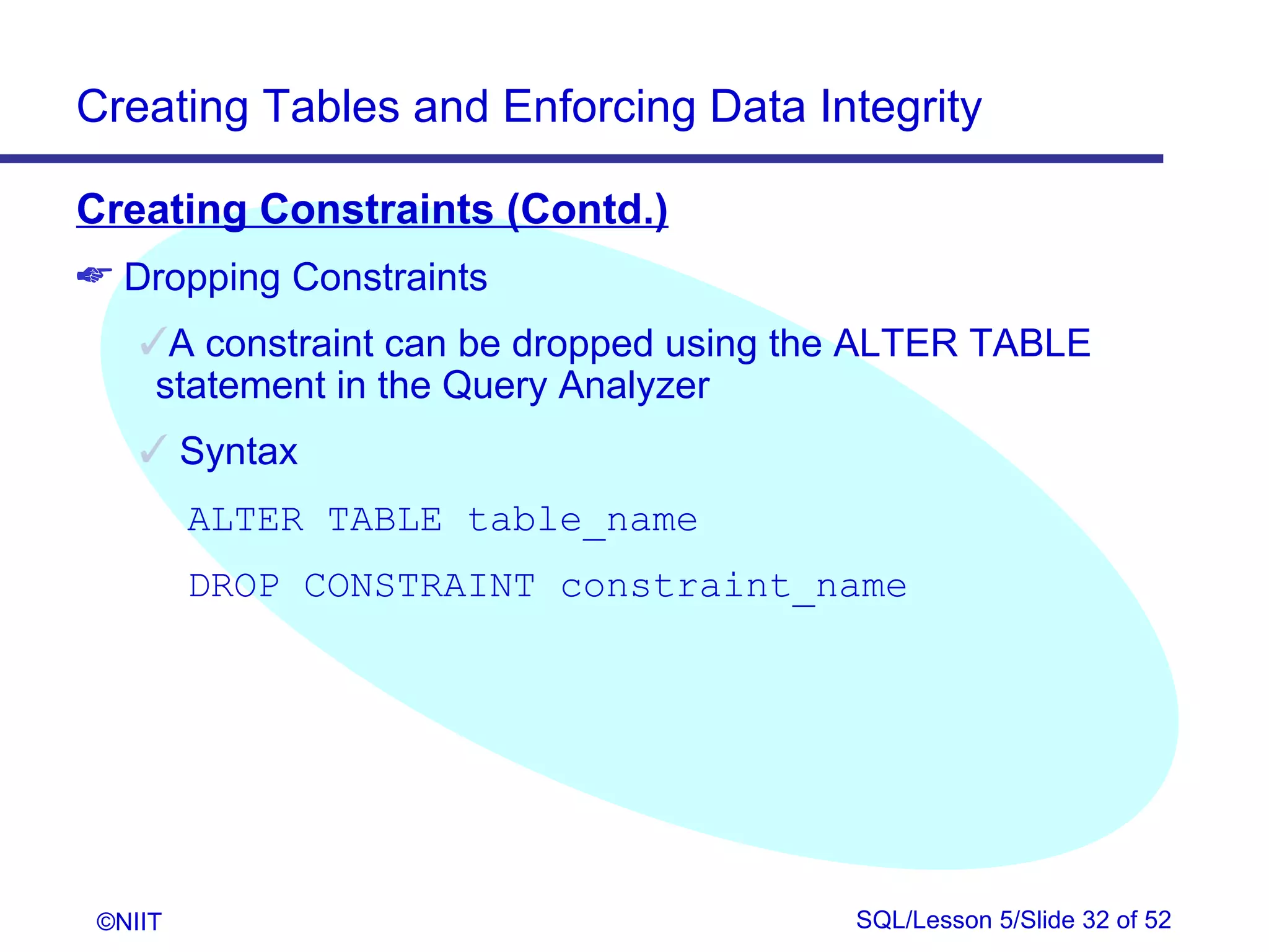 Creating Tables and Enforcing Data Integrity

Creating Constraints (Contd.)
 Dropping Constraints
    A constraint can be dropped using the ALTER TABLE
     statement in the Query Analyzer
     Syntax
         ALTER TABLE table_name
         DROP CONSTRAINT constraint_name




 ©NIIT                                   SQL/Lesson 5/Slide 32 of 52
 