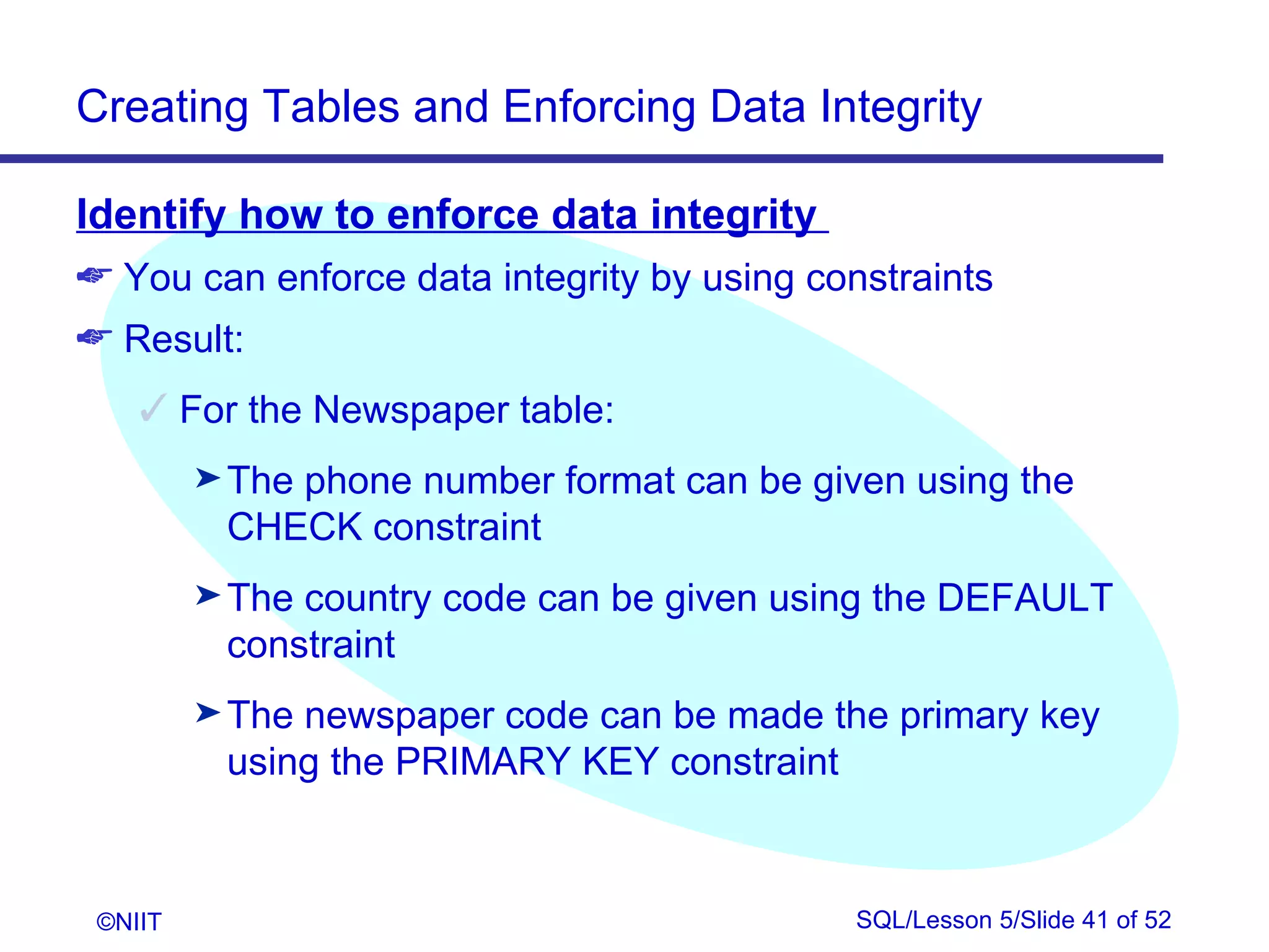 Creating Tables and Enforcing Data Integrity

Identify how to enforce data integrity
 You can enforce data integrity by using constraints
 Result:
     For the Newspaper table:
         ® The
             phone number format can be given using the
          CHECK constraint
         ® Thecountry code can be given using the DEFAULT
          constraint
         ® Thenewspaper code can be made the primary key
          using the PRIMARY KEY constraint



 ©NIIT                                       SQL/Lesson 5/Slide 41 of 52
 
