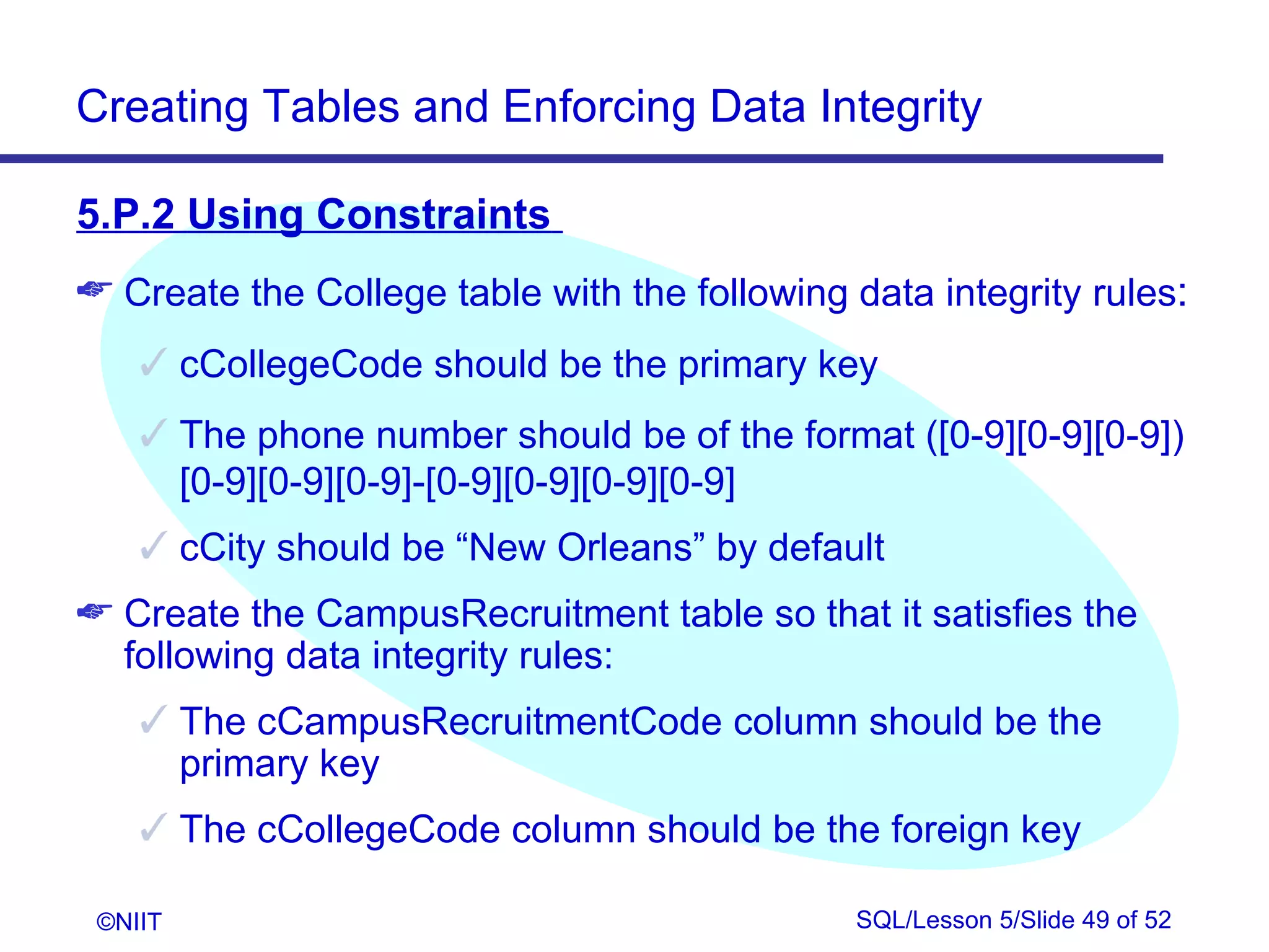 Creating Tables and Enforcing Data Integrity

5.P.2 Using Constraints
 Create the College table with the following data integrity rules:
     cCollegeCode should be the primary key
     The phone number should be of the format ([0-9][0-9][0-9])
      [0-9][0-9][0-9]-[0-9][0-9][0-9][0-9]
     cCity should be “New Orleans” by default
 Create the CampusRecruitment table so that it satisfies the
  following data integrity rules:
     The cCampusRecruitmentCode column should be the
      primary key
     The cCollegeCode column should be the foreign key

 ©NIIT                                        SQL/Lesson 5/Slide 49 of 52
 