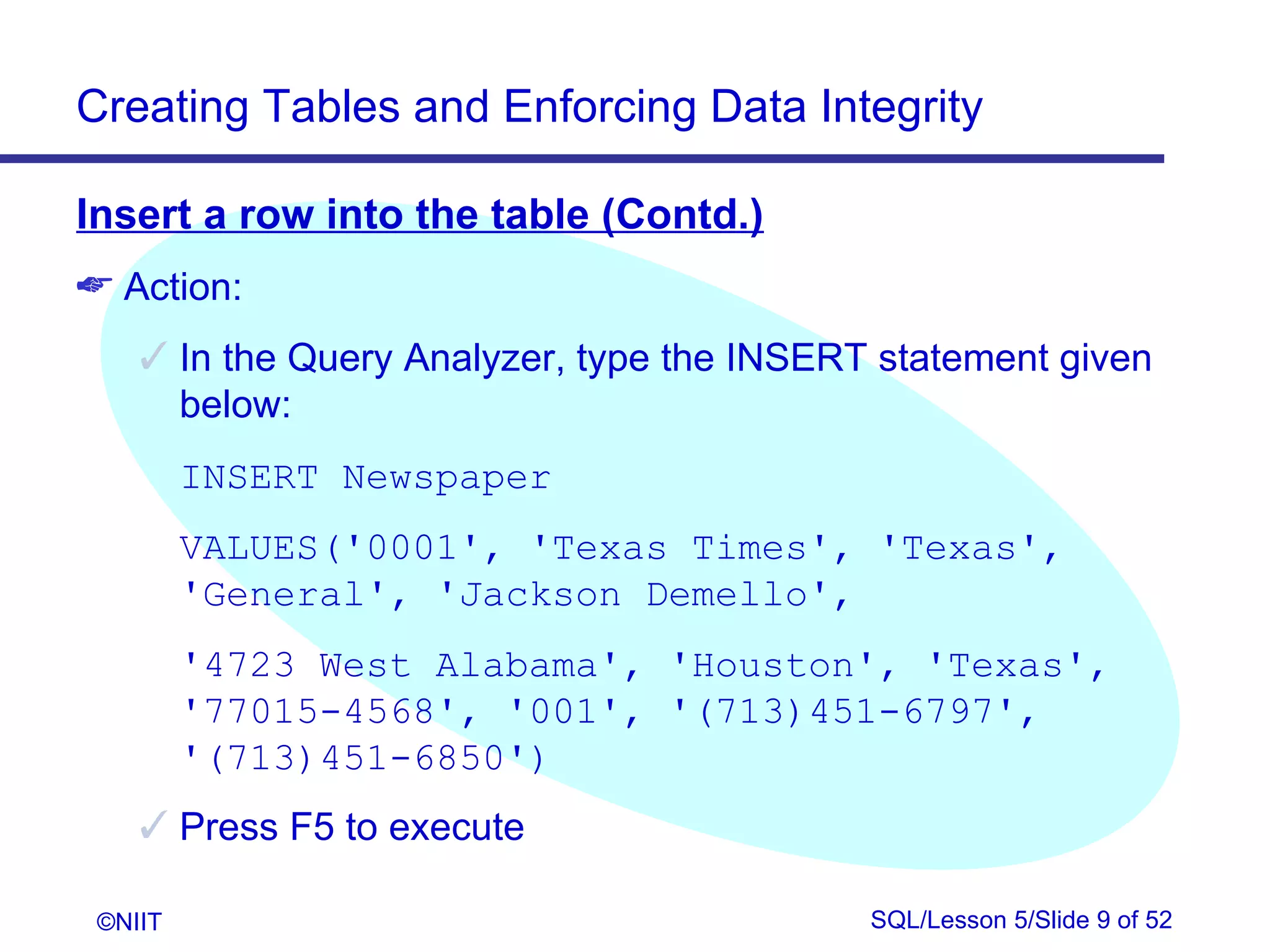 Creating Tables and Enforcing Data Integrity

Insert a row into the table (Contd.)
 Action:
     In the Query Analyzer, type the INSERT statement given
      below:
         INSERT Newspaper
         VALUES('0001', 'Texas Times', 'Texas',
         'General', 'Jackson Demello',
         '4723 West Alabama', 'Houston', 'Texas',
         '77015-4568', '001', '(713)451-6797',
         '(713)451-6850')
     Press F5 to execute

 ©NIIT                                      SQL/Lesson 5/Slide 9 of 52
 