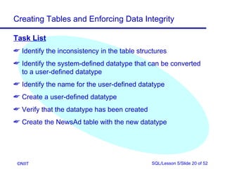 Creating Tables and Enforcing Data Integrity

Task List
 Identify the inconsistency in the table structures
 Identify the system-defined datatype that can be converted
  to a user-defined datatype
 Identify the name for the user-defined datatype
 Create a user-defined datatype
 Verify that the datatype has been created
 Create the NewsAd table with the new datatype




 ©NIIT                                        SQL/Lesson 5/Slide 20 of 52
 