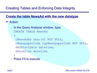 Creating Tables and Enforcing Data Integrity

Create the table NewsAd with the new datatype
 Action:
     In the Query Analyzer window, type:
      CREATE TABLE NewsAd
      (
        cNewsAdNo char(4) NOT NULL,
        cNewspaperCode typNewspaperCode NOT NULL,
        dAdStartDate datetime,
        dDeadline datetime
      )
     Press F5 to execute


 ©NIIT                               SQL/Lesson 5/Slide 26 of 52
 