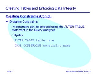 Creating Tables and Enforcing Data Integrity

Creating Constraints (Contd.)
 Dropping Constraints
    A constraint can be dropped using the ALTER TABLE
     statement in the Query Analyzer
     Syntax
         ALTER TABLE table_name
         DROP CONSTRAINT constraint_name




 ©NIIT                                   SQL/Lesson 5/Slide 32 of 52
 