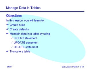 Manage Data in Tables

Objectives
In this lesson, you will learn to:
 Create rules
 Create defaults
 Maintain data in a table by using
     INSERT statement
     UPDATE statement
     DELETE statement
 Truncate a table




©NIIT                                 SQL/Lesson 6/Slide 1 of 50
 