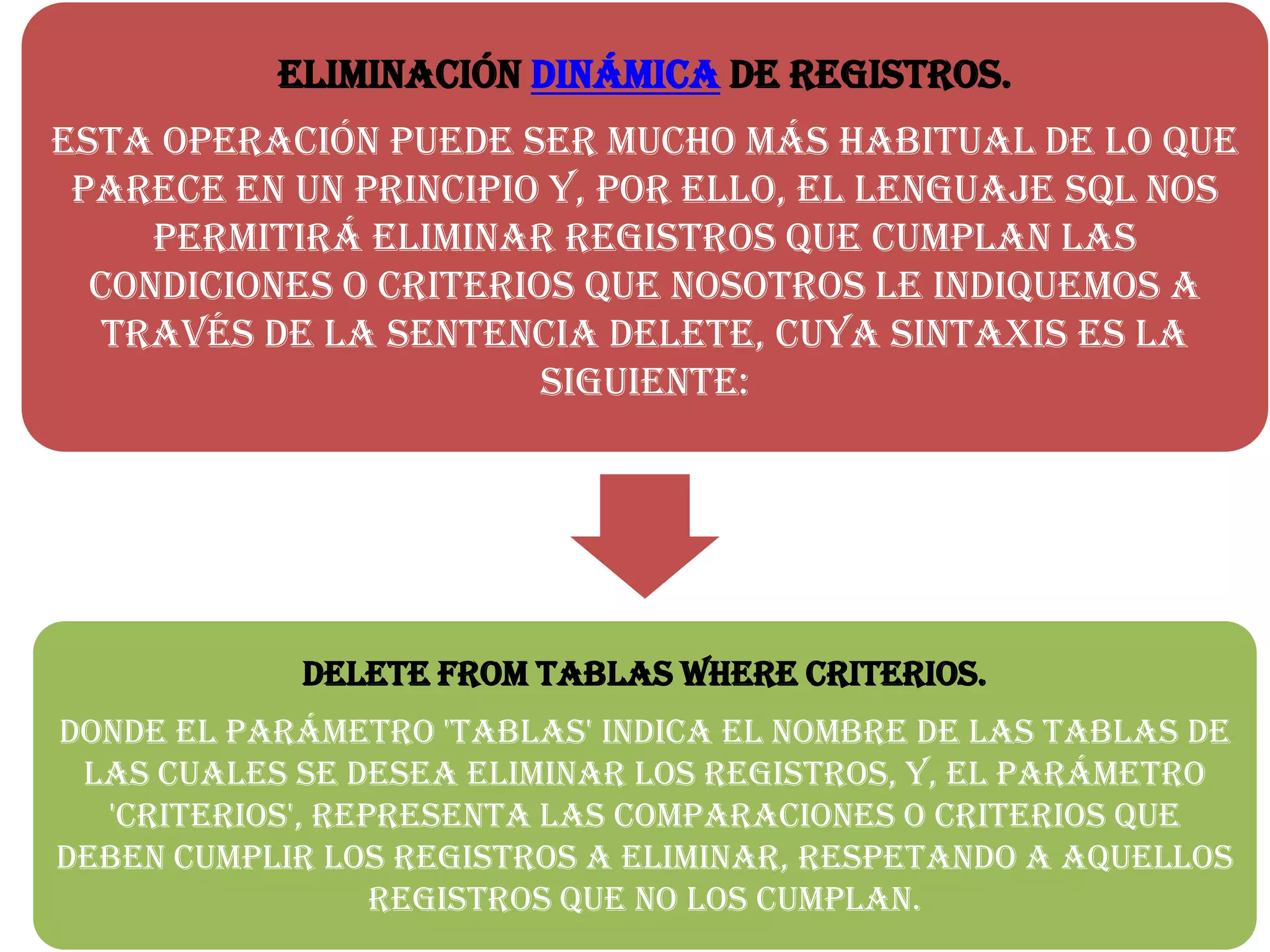 Eliminación Dinámica De Registros.
Esta operación puede ser mucho más habitual de lo que
parece en un principio y, por ello, el lenguaje SQL nos
permitirá eliminar registros que cumplan las
condiciones o criterios que nosotros le indiquemos a
través de la sentencia DELETE, cuya sintaxis es la
siguiente:
DELETE FROM tablas WHERE criterios.
Donde el parámetro 'tablas' indica el nombre de las tablas de
las cuales se desea eliminar los registros, y, el parámetro
'criterios', representa las comparaciones o criterios que
deben cumplir los registros a eliminar, respetando a aquellos
registros que no los cumplan.
 