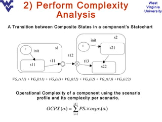 2) Perform Complexity                                                   West
                                                                              Virginia

              Analysis
                                                                             University



A Transition between Composite States in a component’s Statechart

                                                                        s2
                                                         init
                                               I
        I                 s1                                          s21
              init
                                  t12
                       t11                         t13
            s11                                                 s22


 VGx(s11) + VGa(t11) + VGx(s1)+ VGa(t12) + VGe(s2) + VGa(t13) +VGe(s22)


   Operational Complexity of a component using the scenario
            profile and its complexity per scenario.
                                        |X |
                     OCPX (oi ) = ∑ PSx × ocpxx (oi )
                                        x =1
 